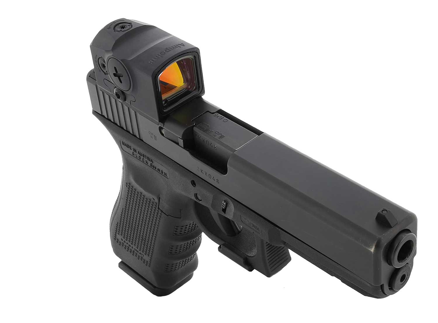 A handgun fitted with an Aimpoint red dot sight.