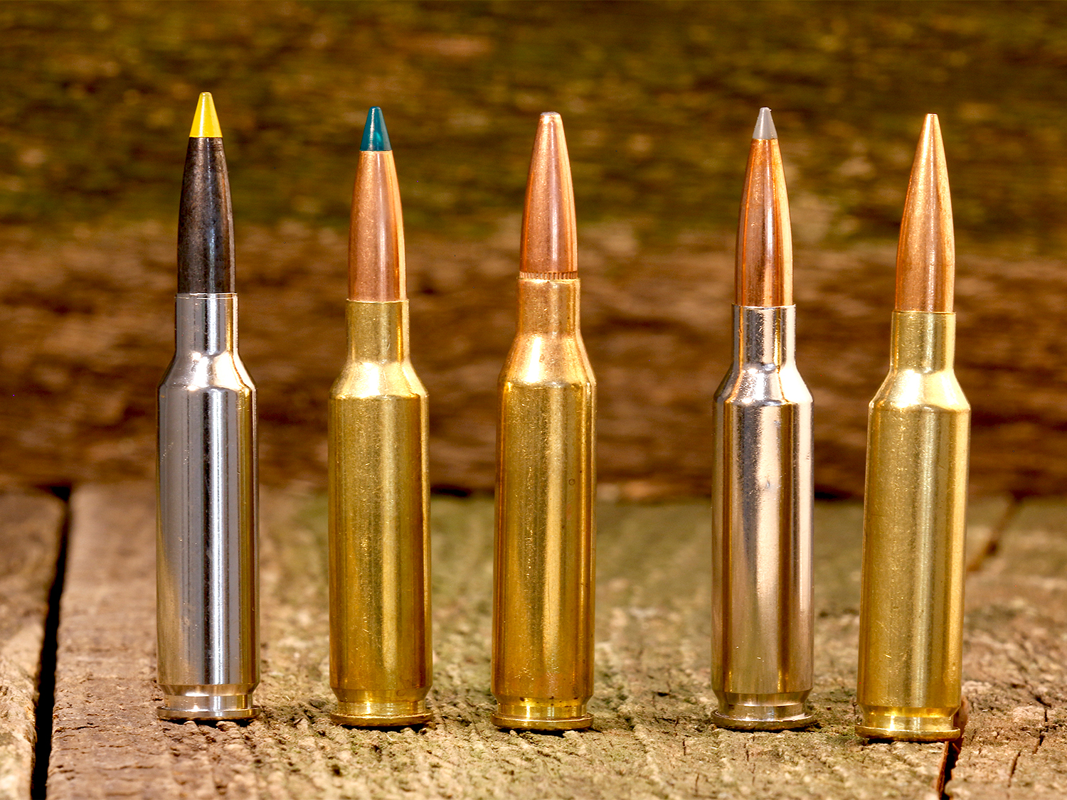 A lineup of rifle ammunition on a wooden table.