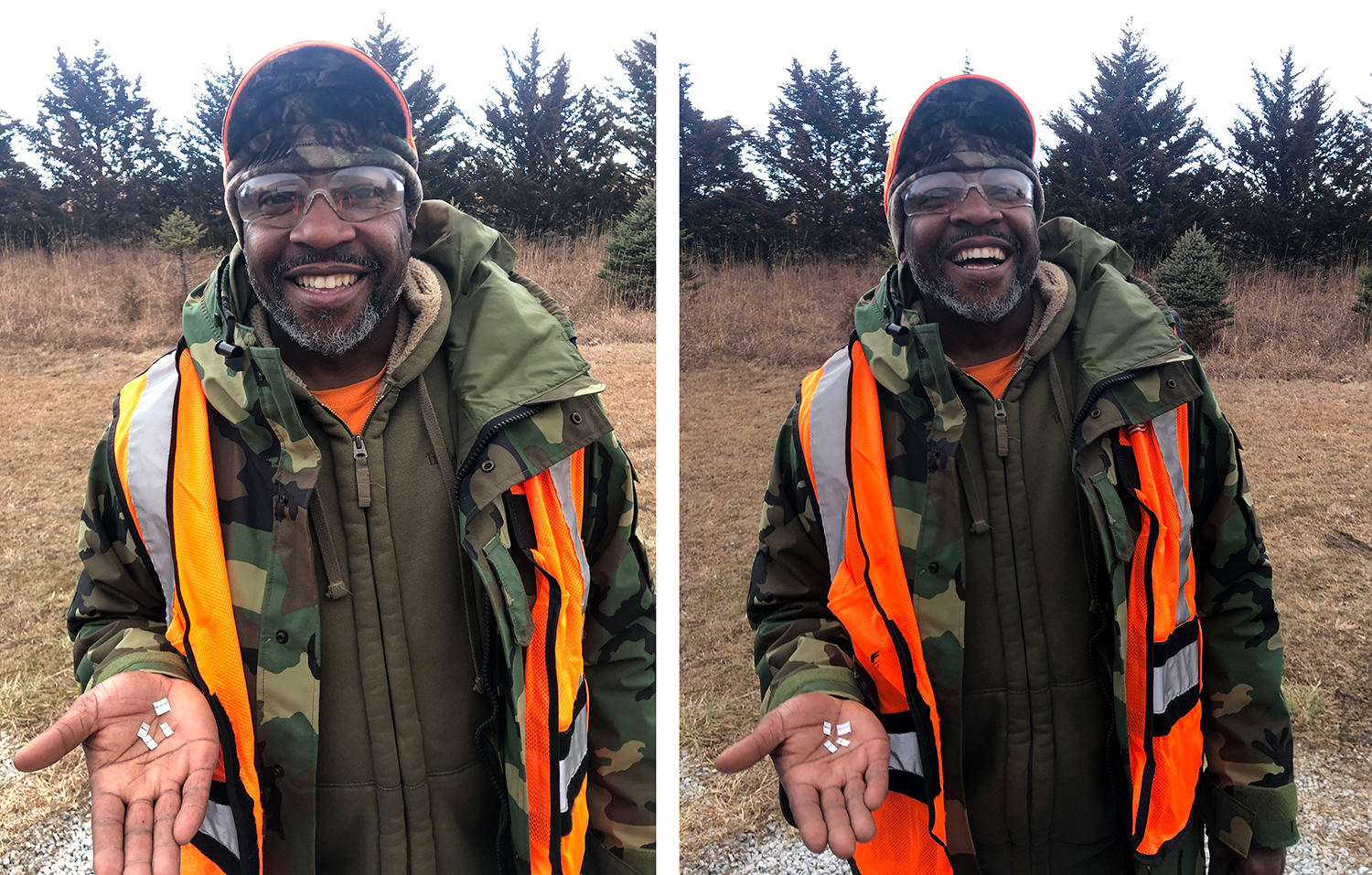 Side by side images of a man in hunter camo and a blaze orange vest smiles and laughs.