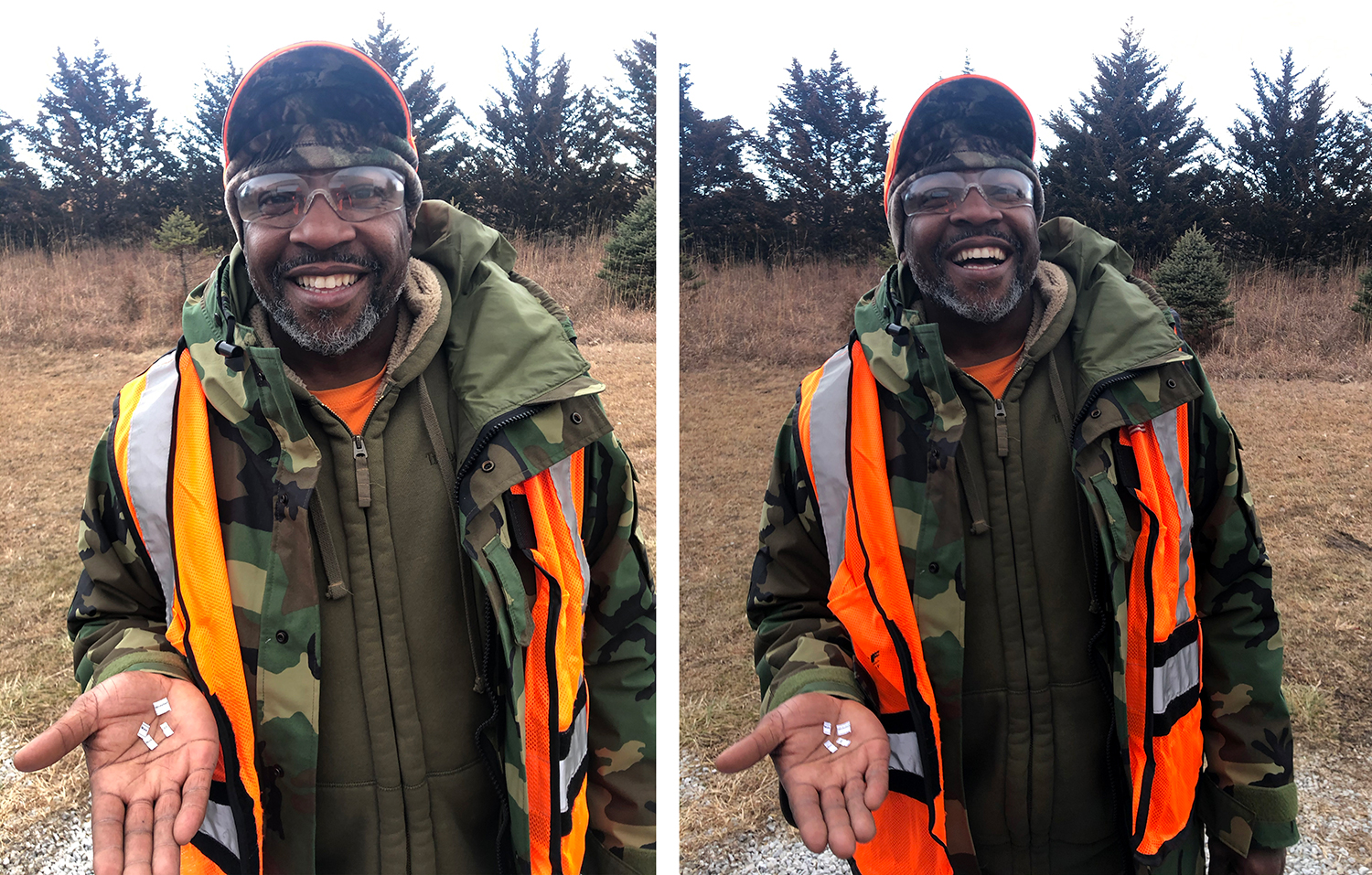 Side by side images of a black man in hunters camo and orange vest smiles and laughs.