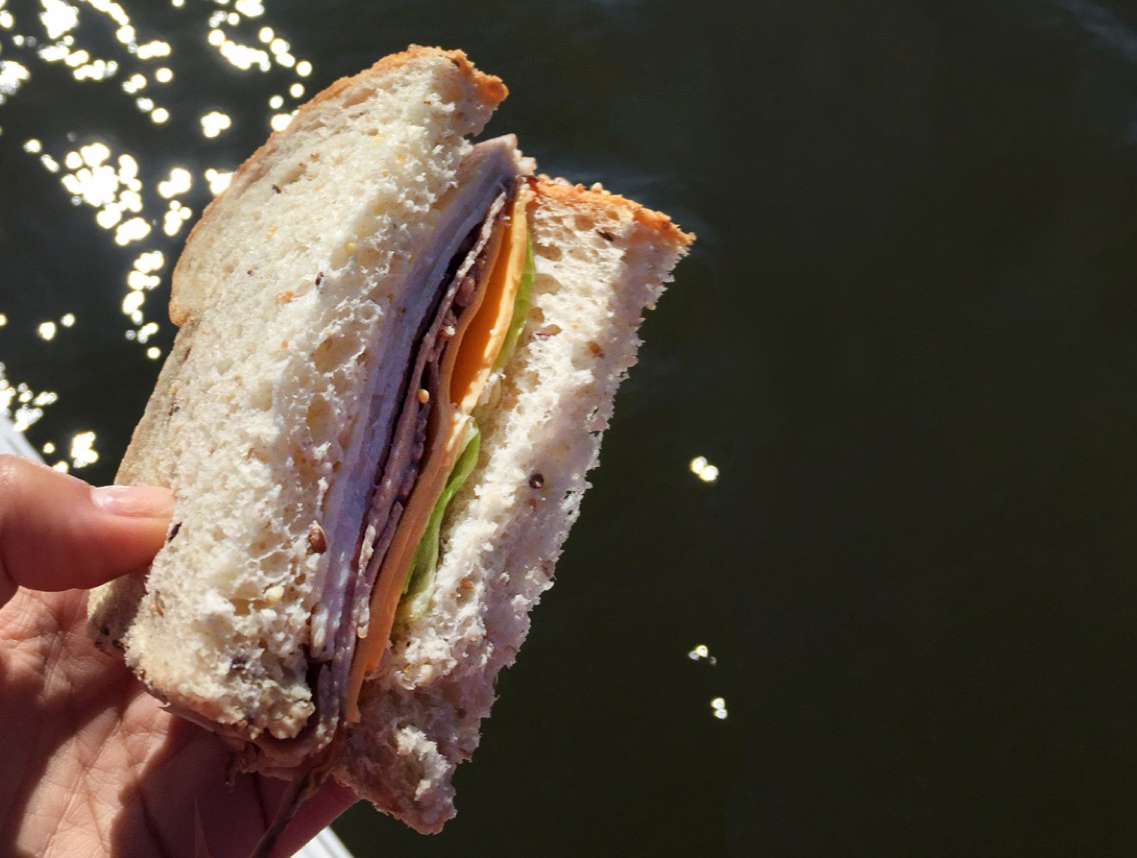 A hand holding a sandwich over a body of water.