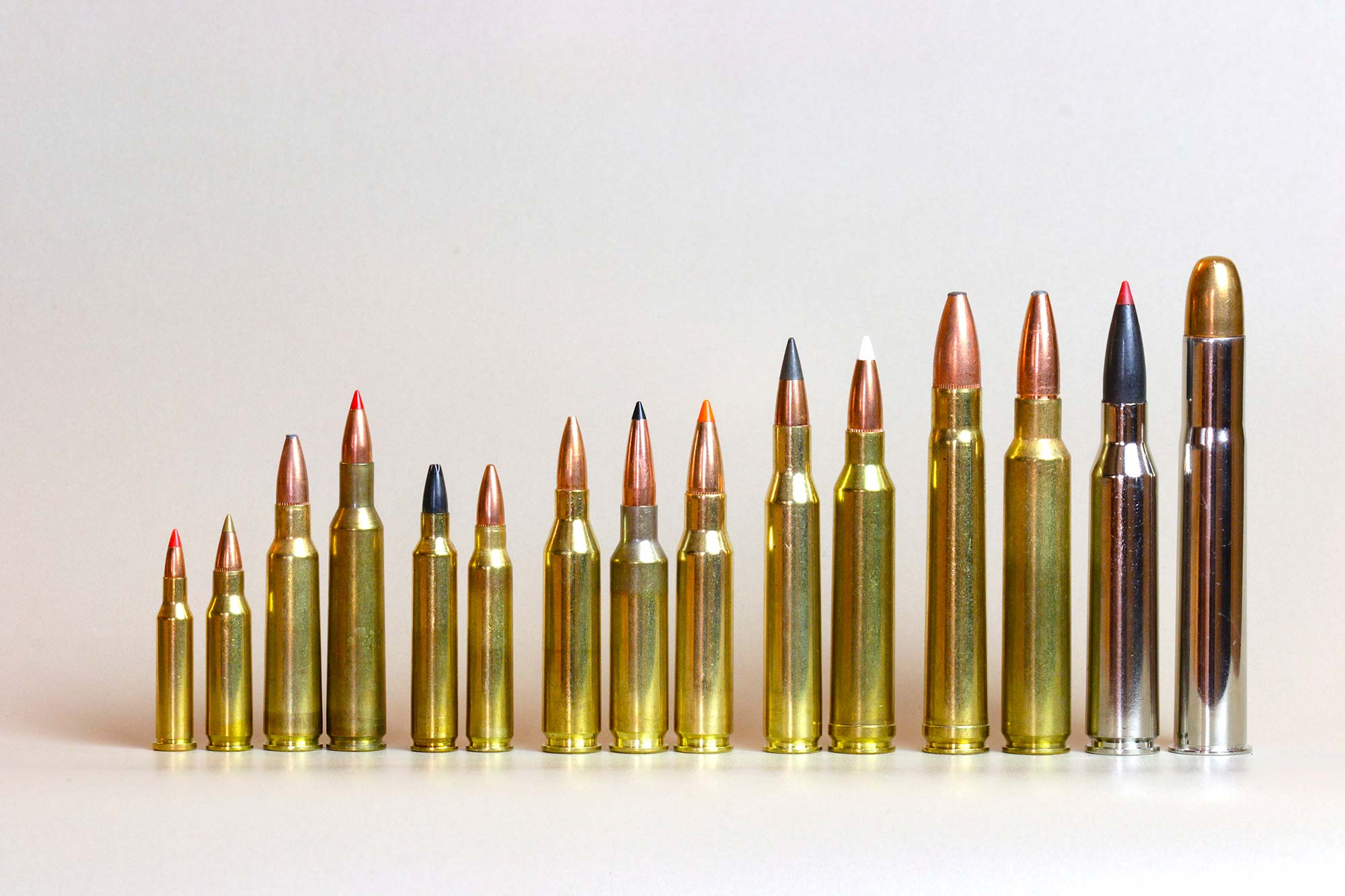 The .17 Hornet on far left is on a whole ‘nother planet from the .470 Nitro Express far right.