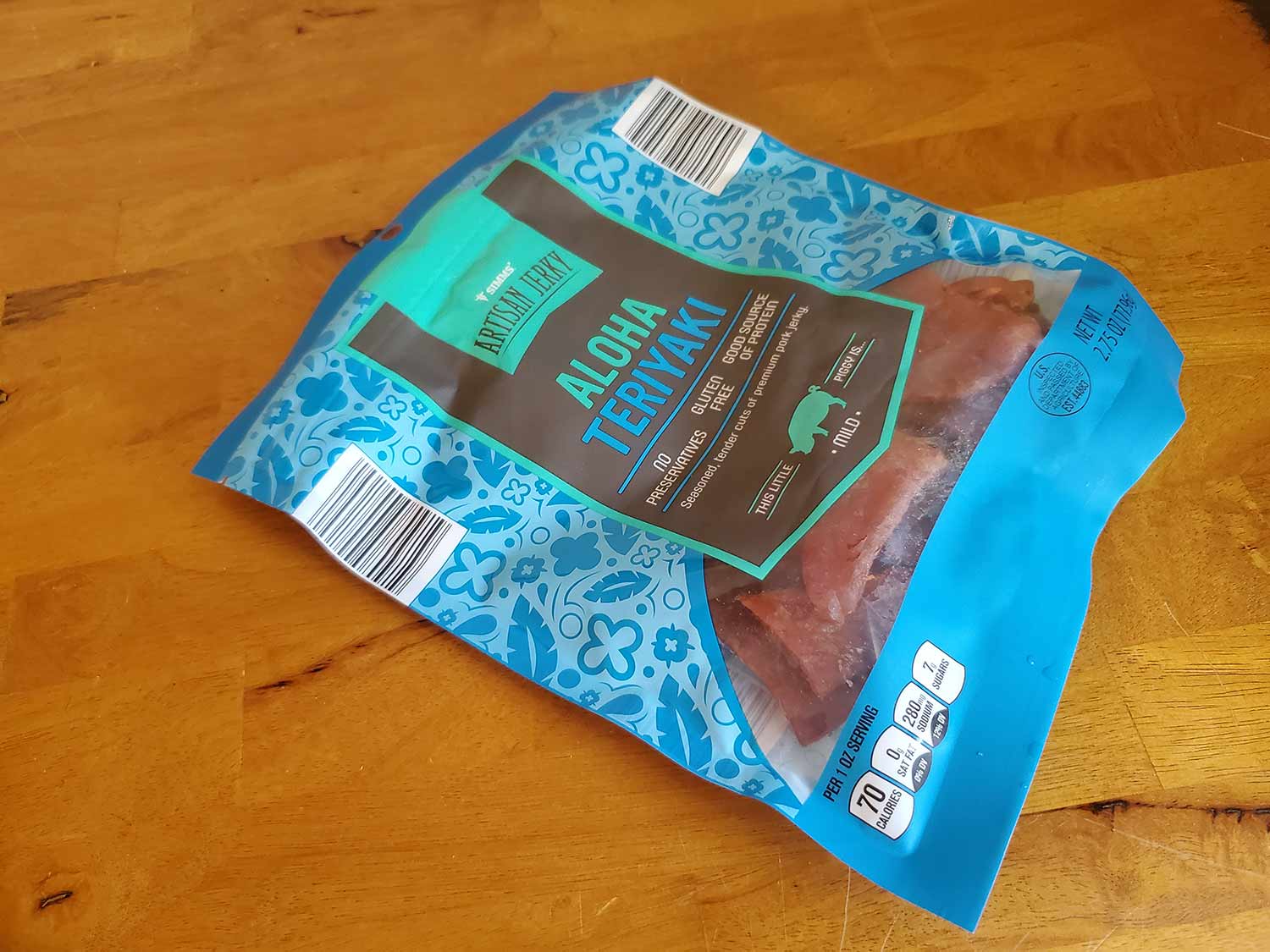 A bag of Aloha Teriyaki beef jerky.