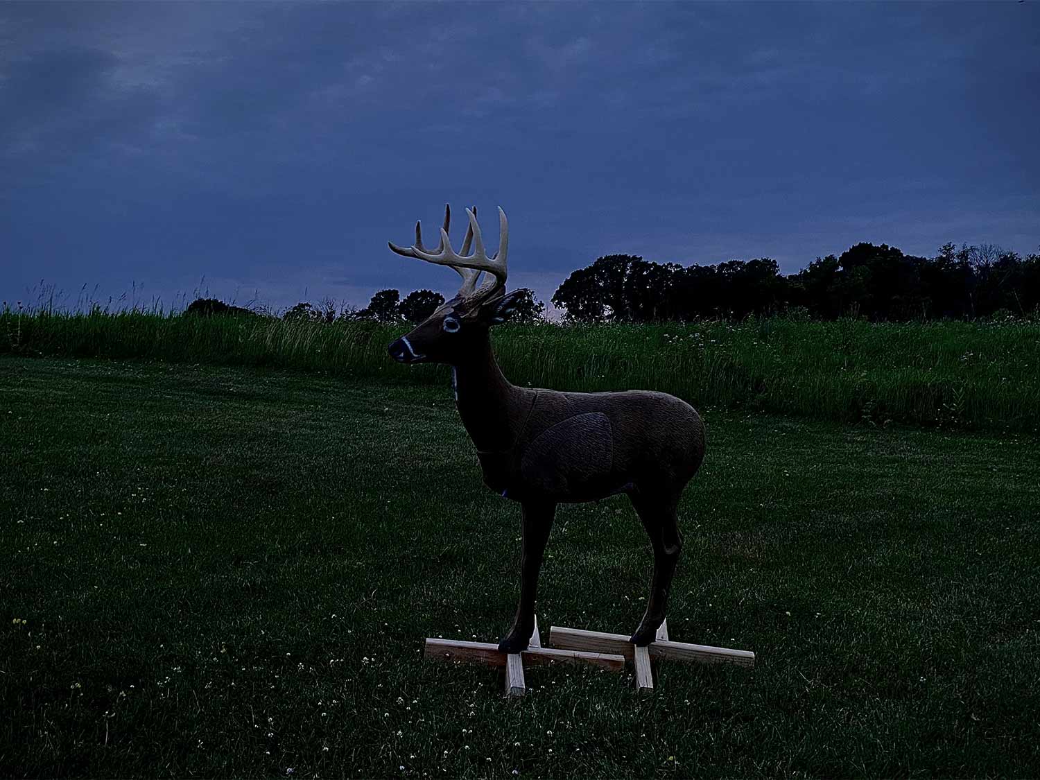 A deer hunting decoy in a field at night.