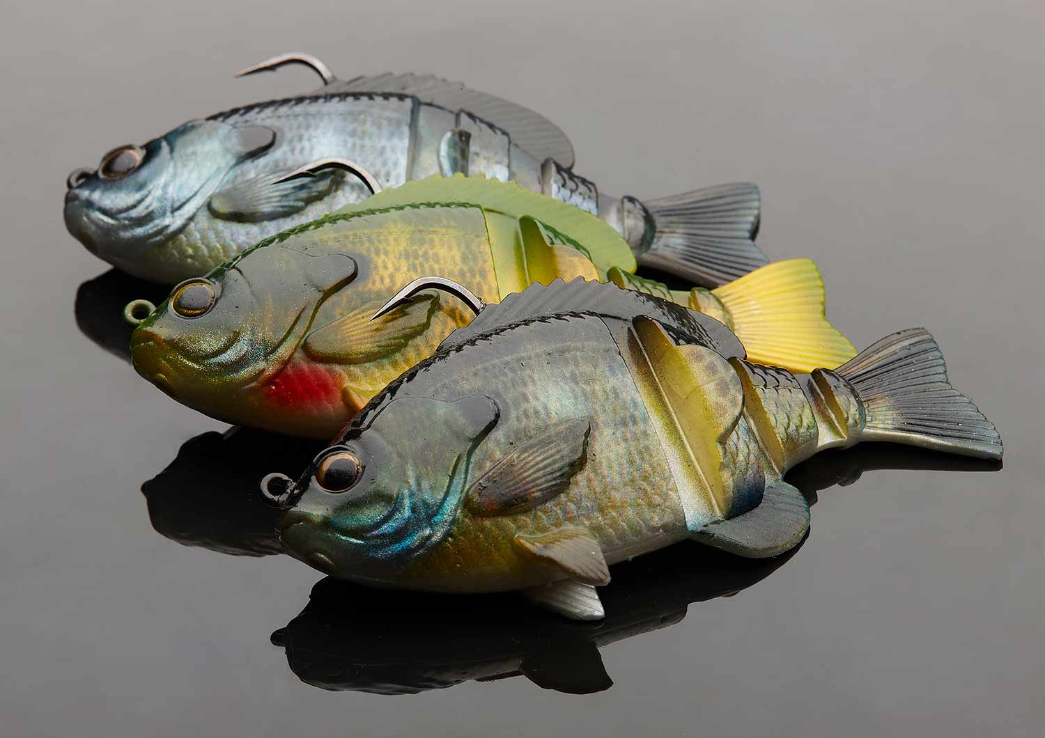 Savage Gear 3D Blue Gill fishing lures on a white background.