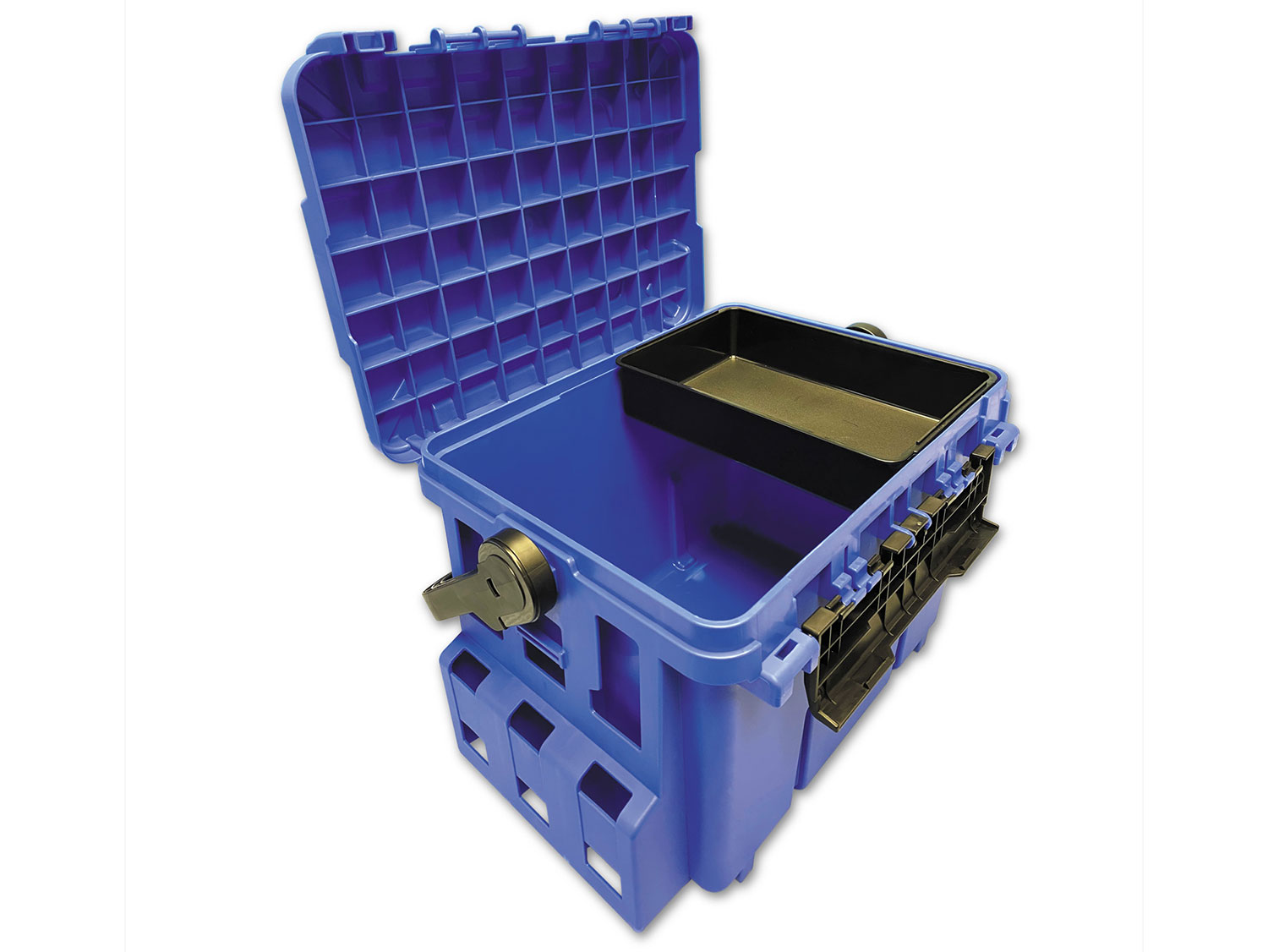 A blue tackle box on a white background.
