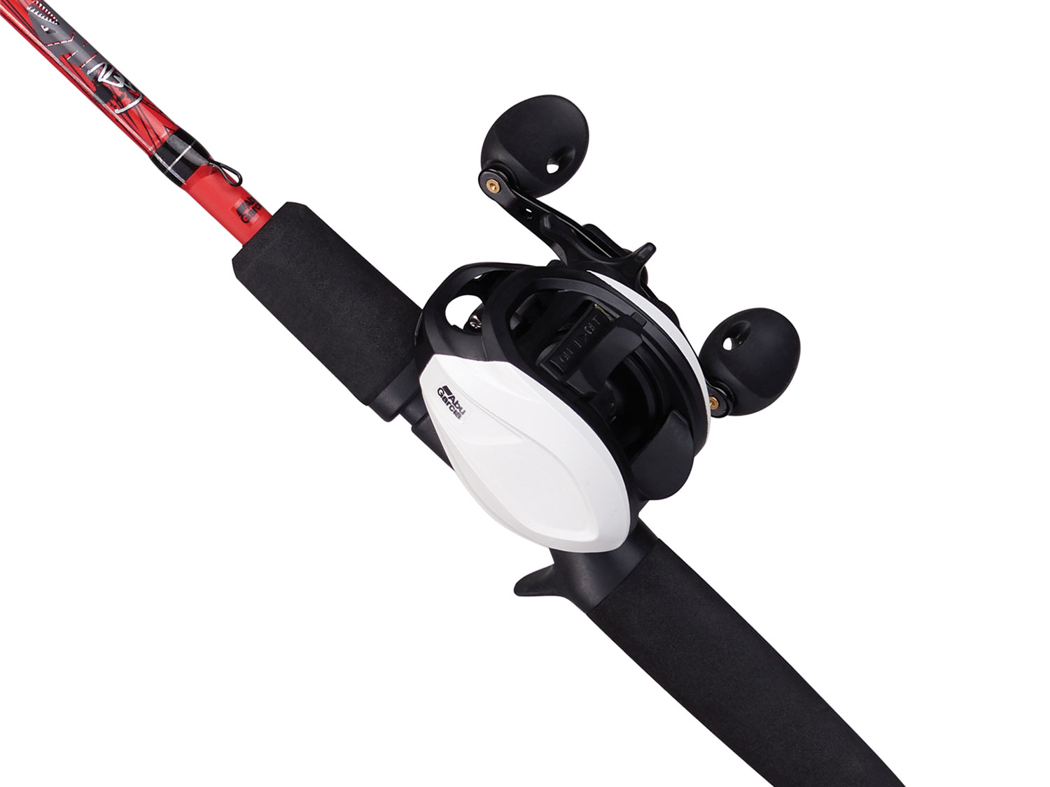 A black and white fishing reel on a white background.