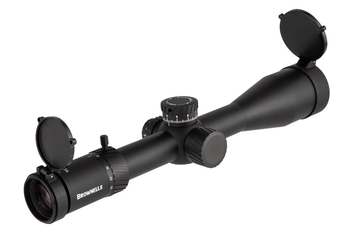 Brownells MPO 5-25x56 riflescope on a white background