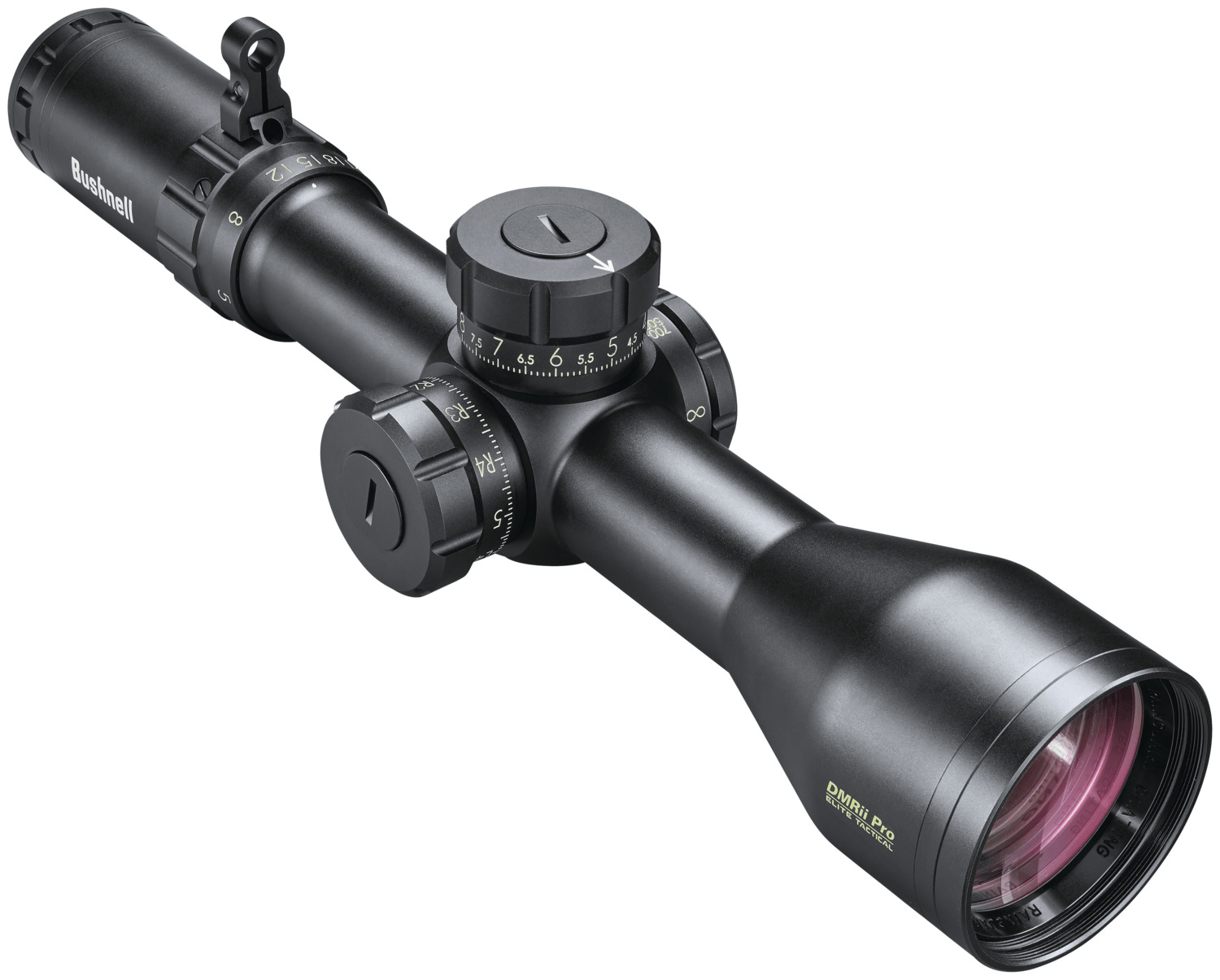 Bushnell Elite Tactical DMRii Pro 3.5-21x50 riflescope on a white background.