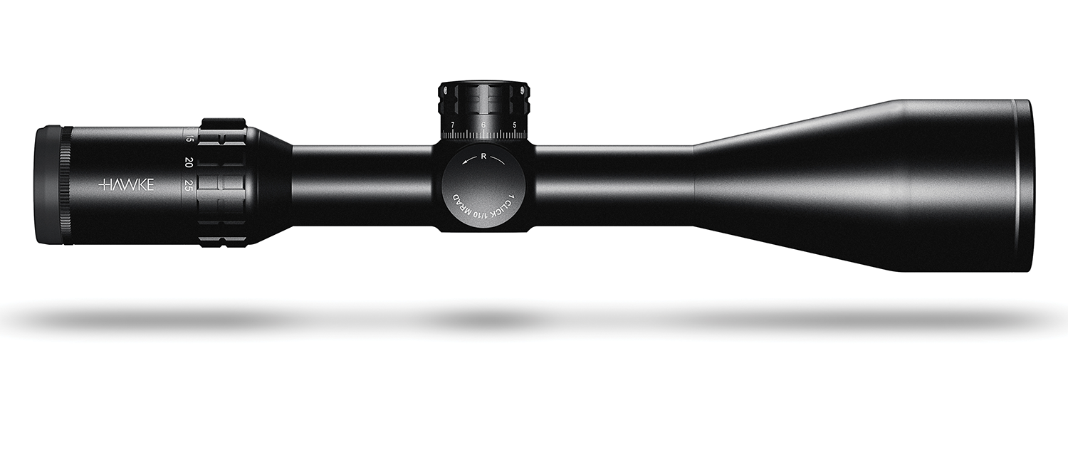 Hawke Frontier FFP 5-25x56 riflescope on a white background.