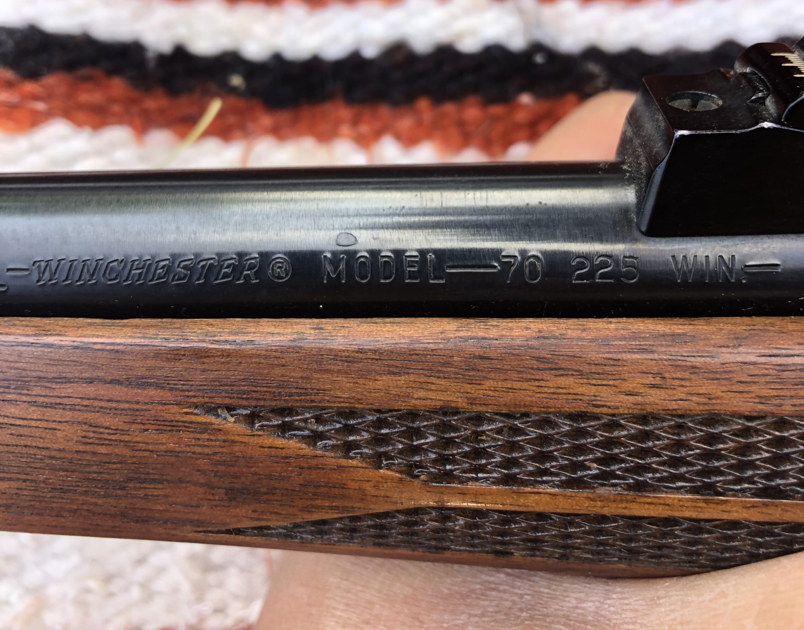 A wood-stocked, checkered, and black metal barrel Winchester M70 in .225 Winchester.