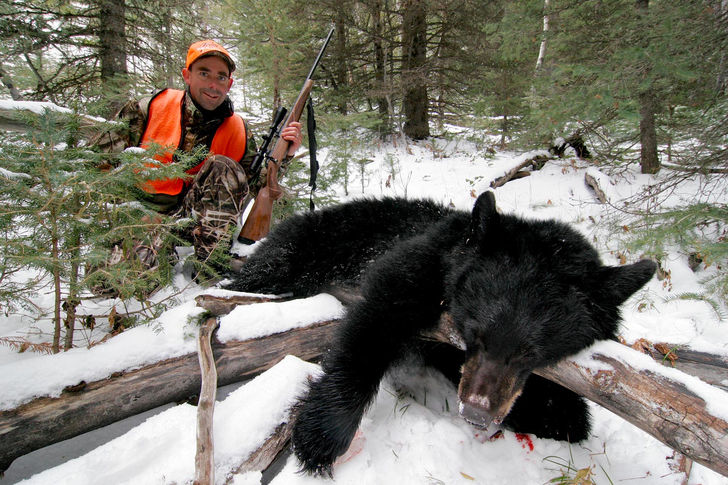 A hunter in an orange vest kneels behind a black bear in the snow.
