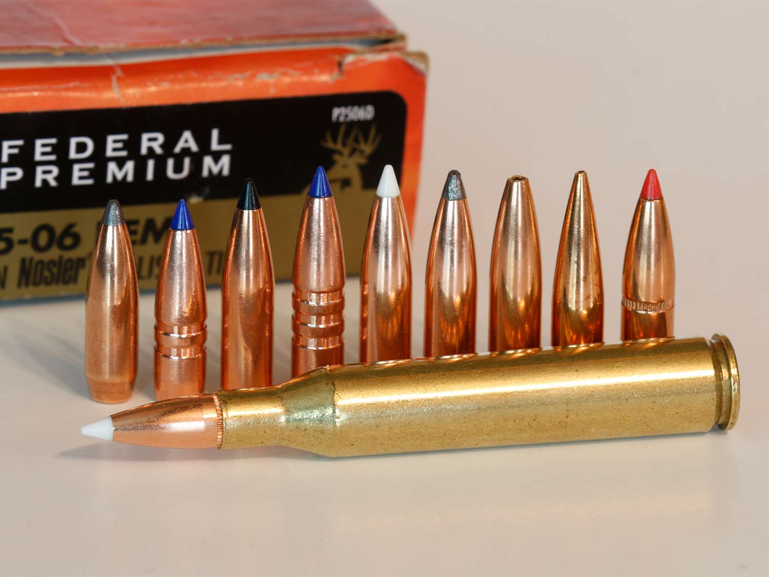 A lineup of rifle bullets next to a cartridge.