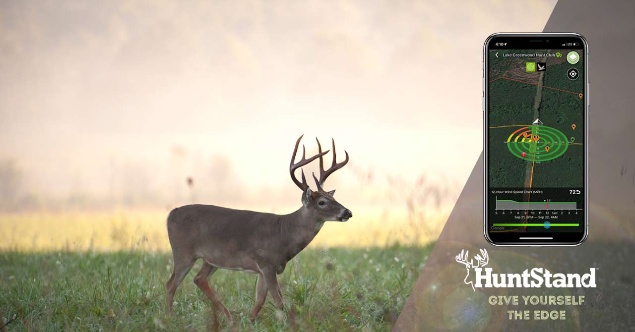 An image of a whitetail buck walking in a field, overlayed with a branding lockup showing the HuntStand app, logo, and tagline: "Give Yourself the Edge"
