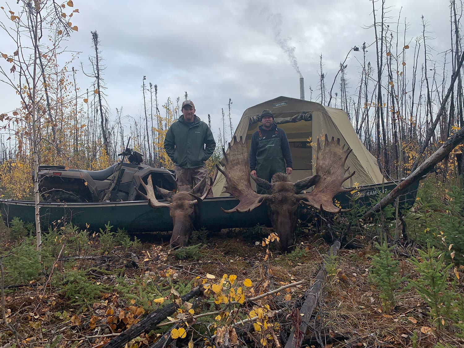 Two hunters stand at a campsite next to a canoe and a four-wheeled ATV. There are two moose heads nearby.