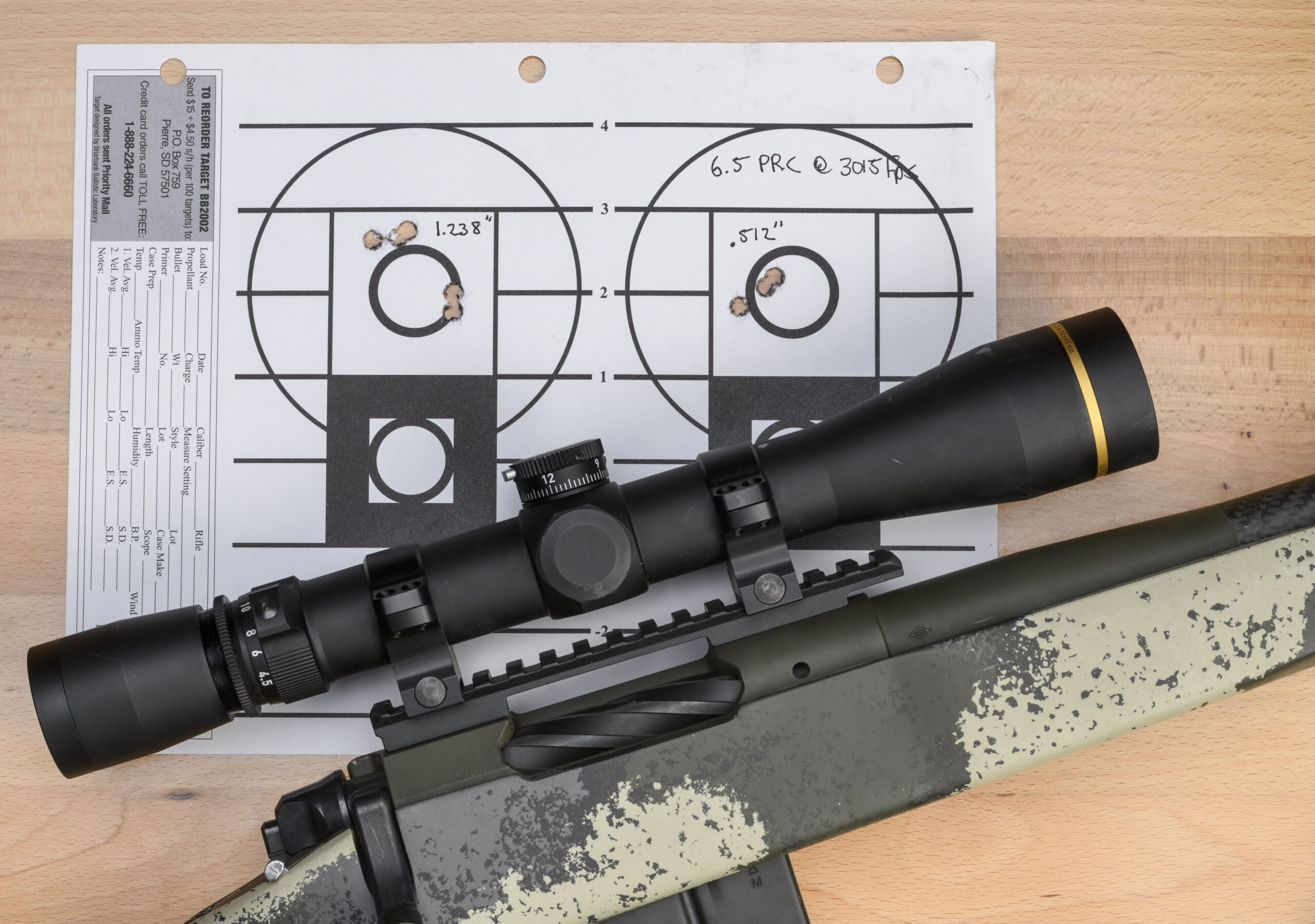 A camo-stocked, scope-topped camo rifle lying on a shot paper target on a wooden table.
