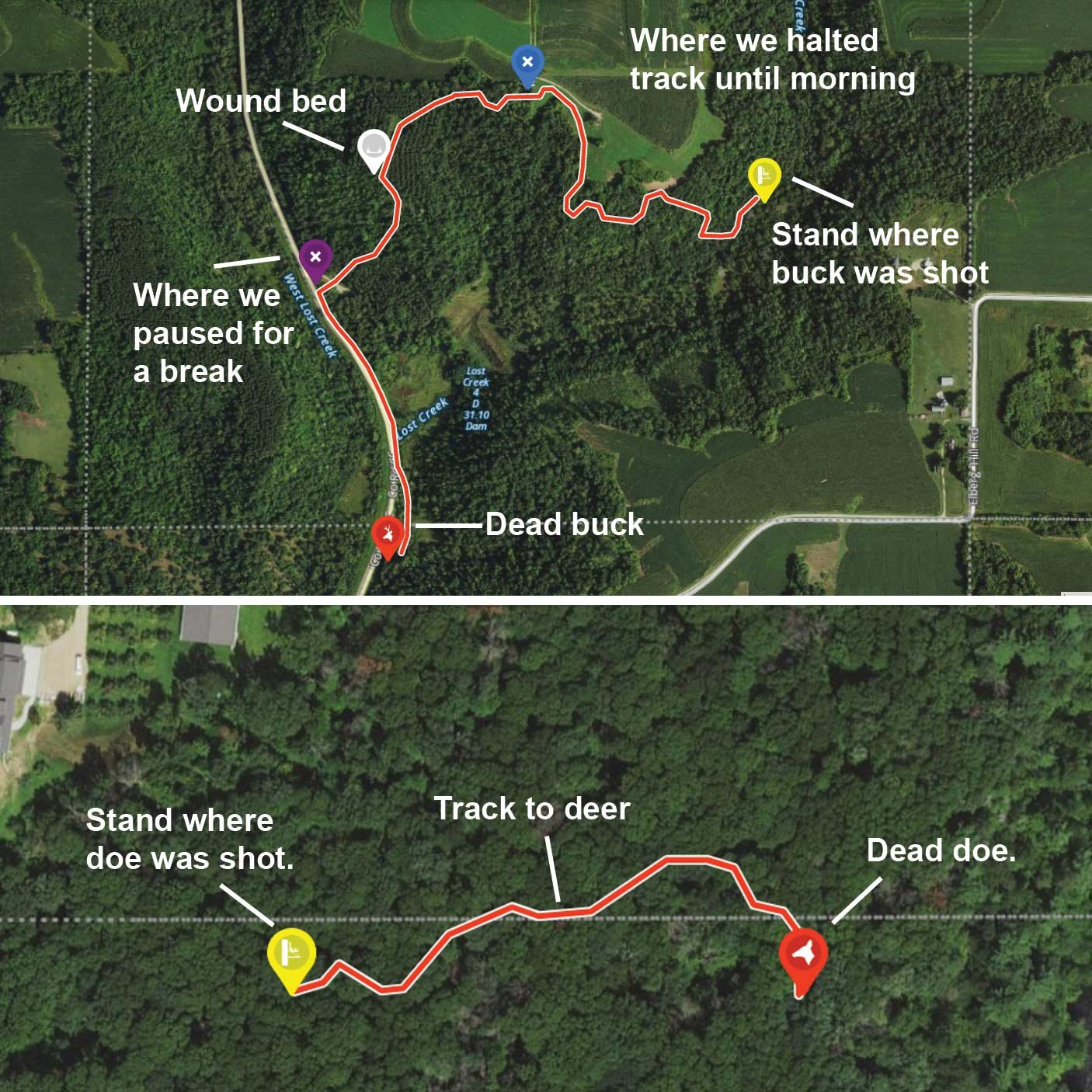 A detailed map of topography and tracking routes to locate a downed deer.