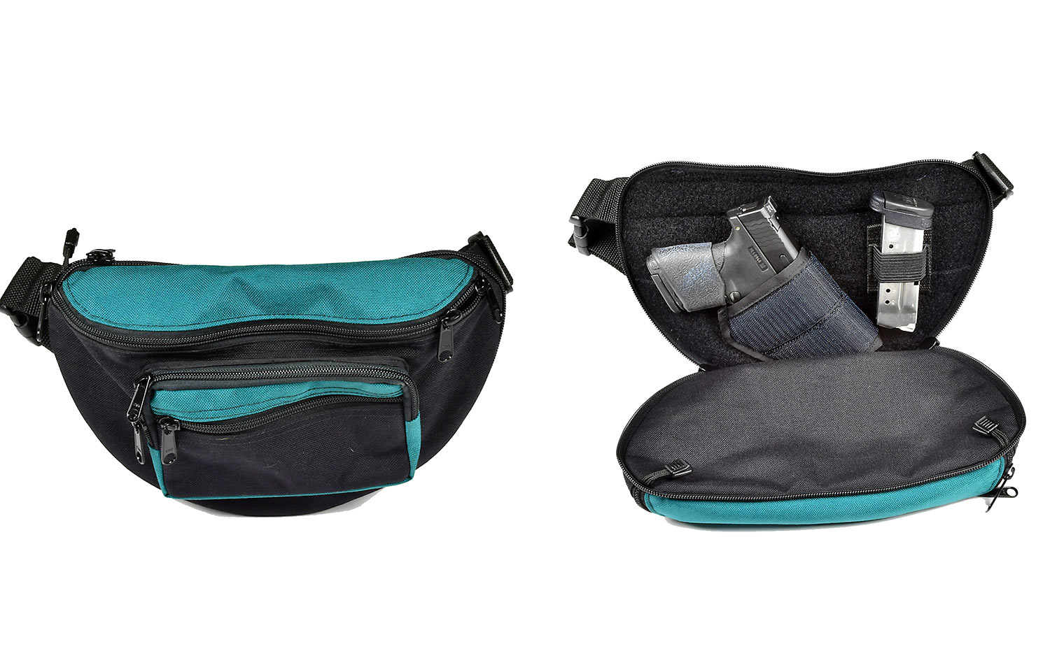 A blue and black waist pack on a white background.