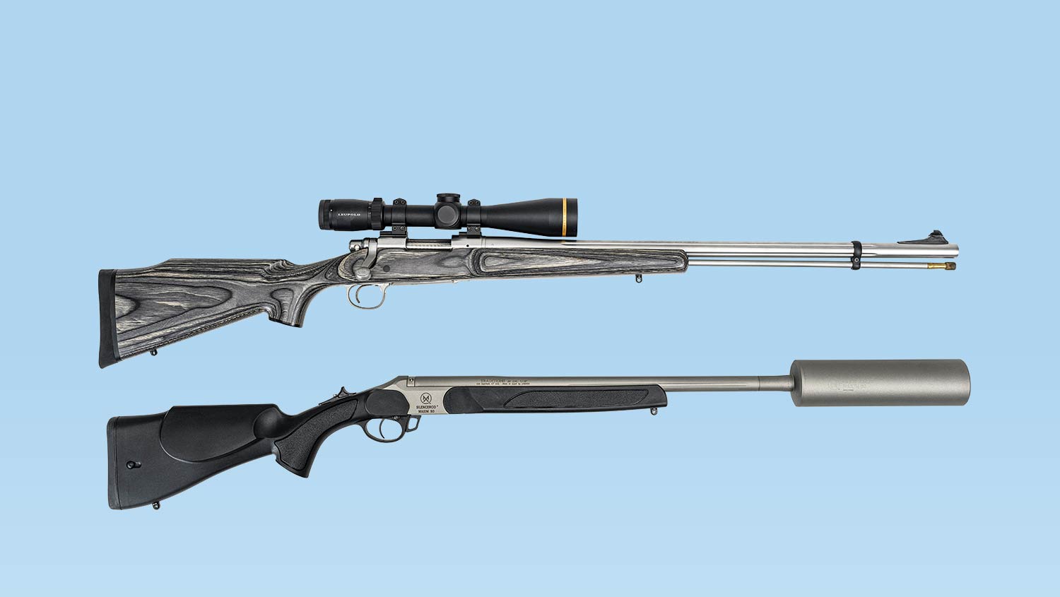 Two muzzleloader rifles on a blue background.