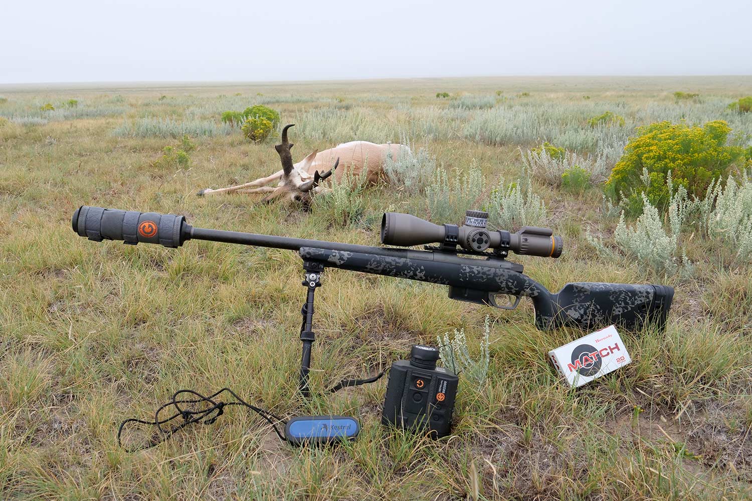 A rifle propped on shooting sticks in a field beside a deer.