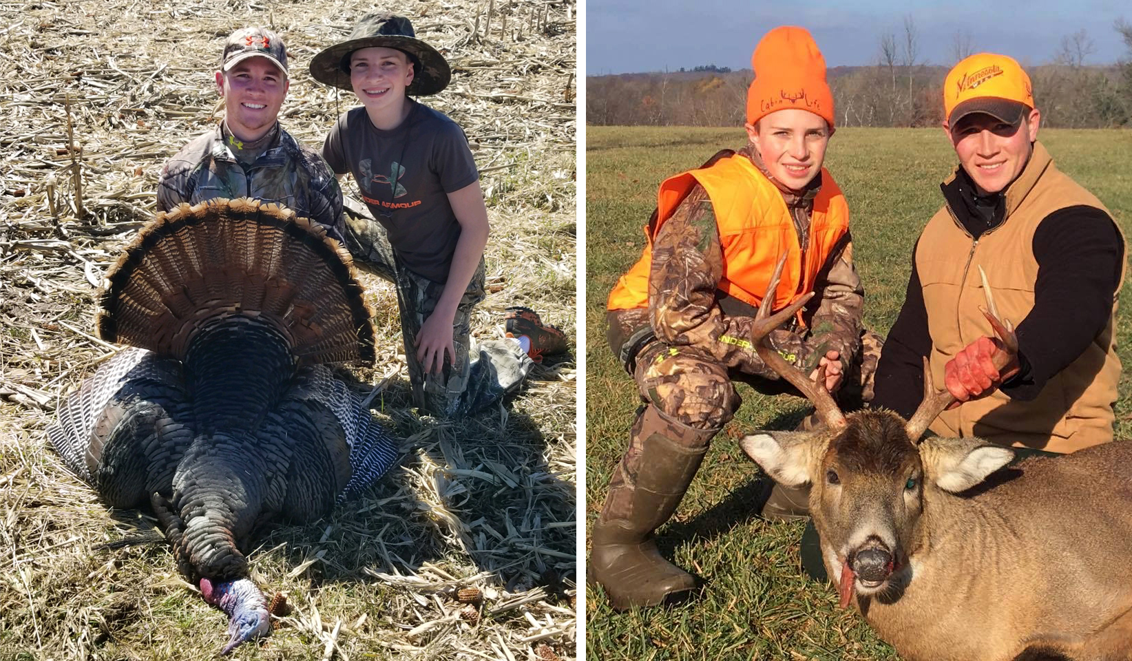 Two side-by-side photos of an older and younger brother, smiling together with a spring tom turkey and a fall whitetail buck.
