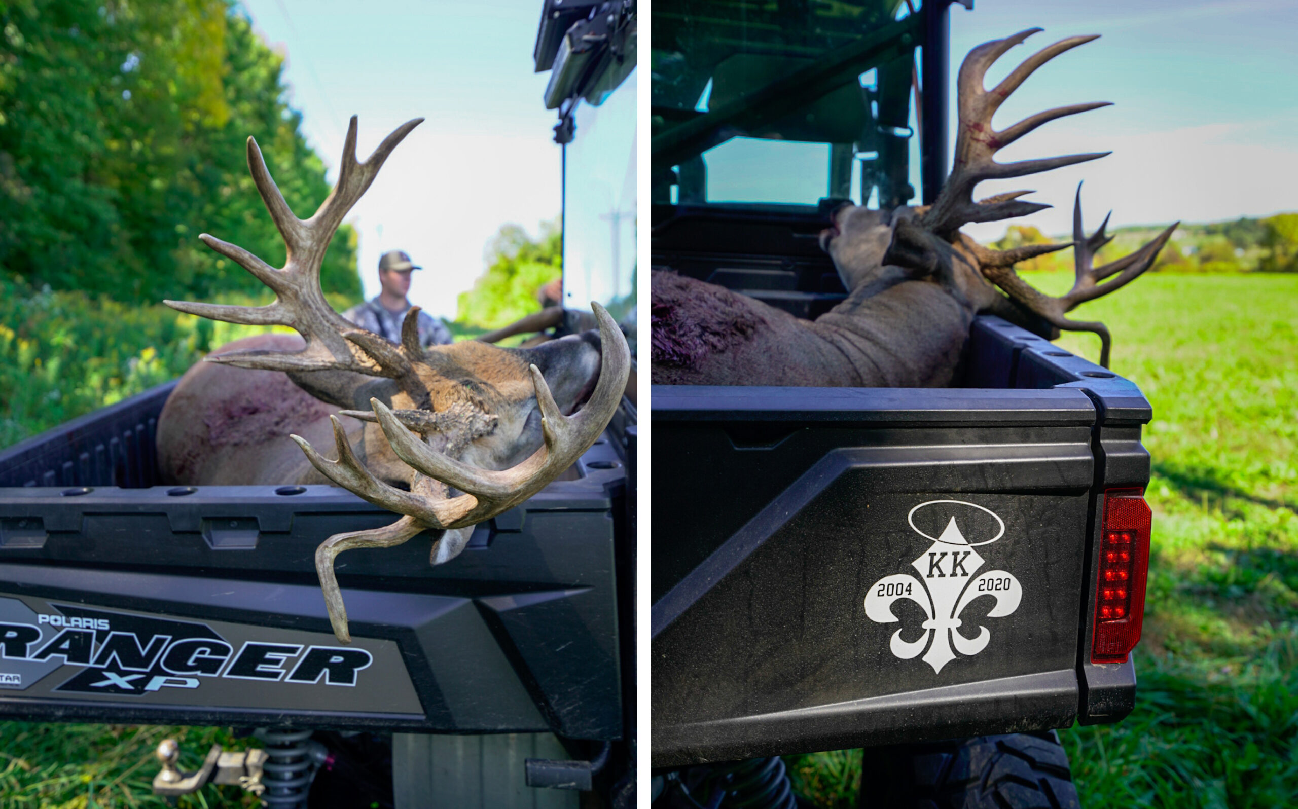 Side-by-side pictures of a big whitetail buck in a Polaris Ranger XP.