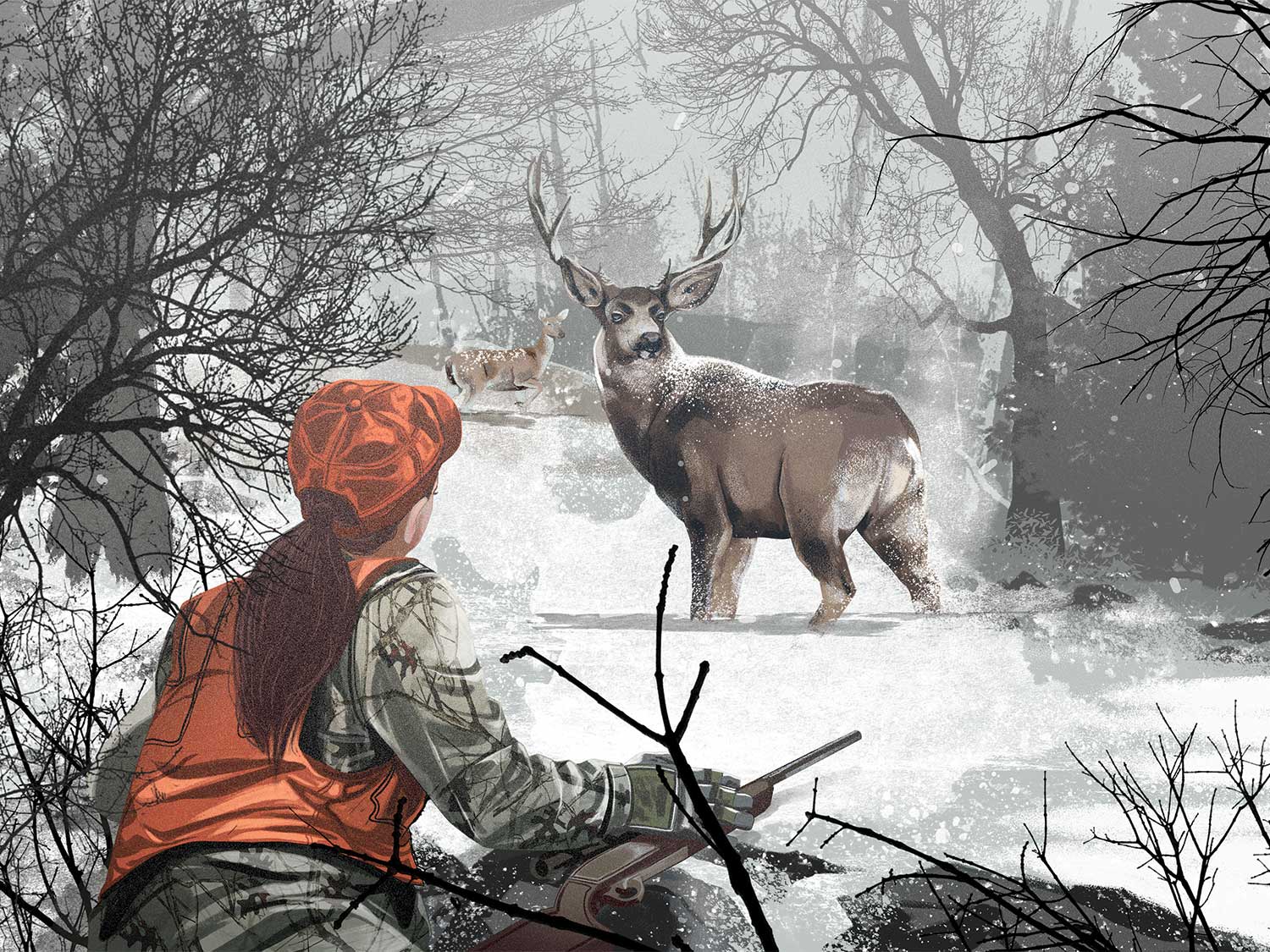 Illustration of a woman hunting deer in the snow.