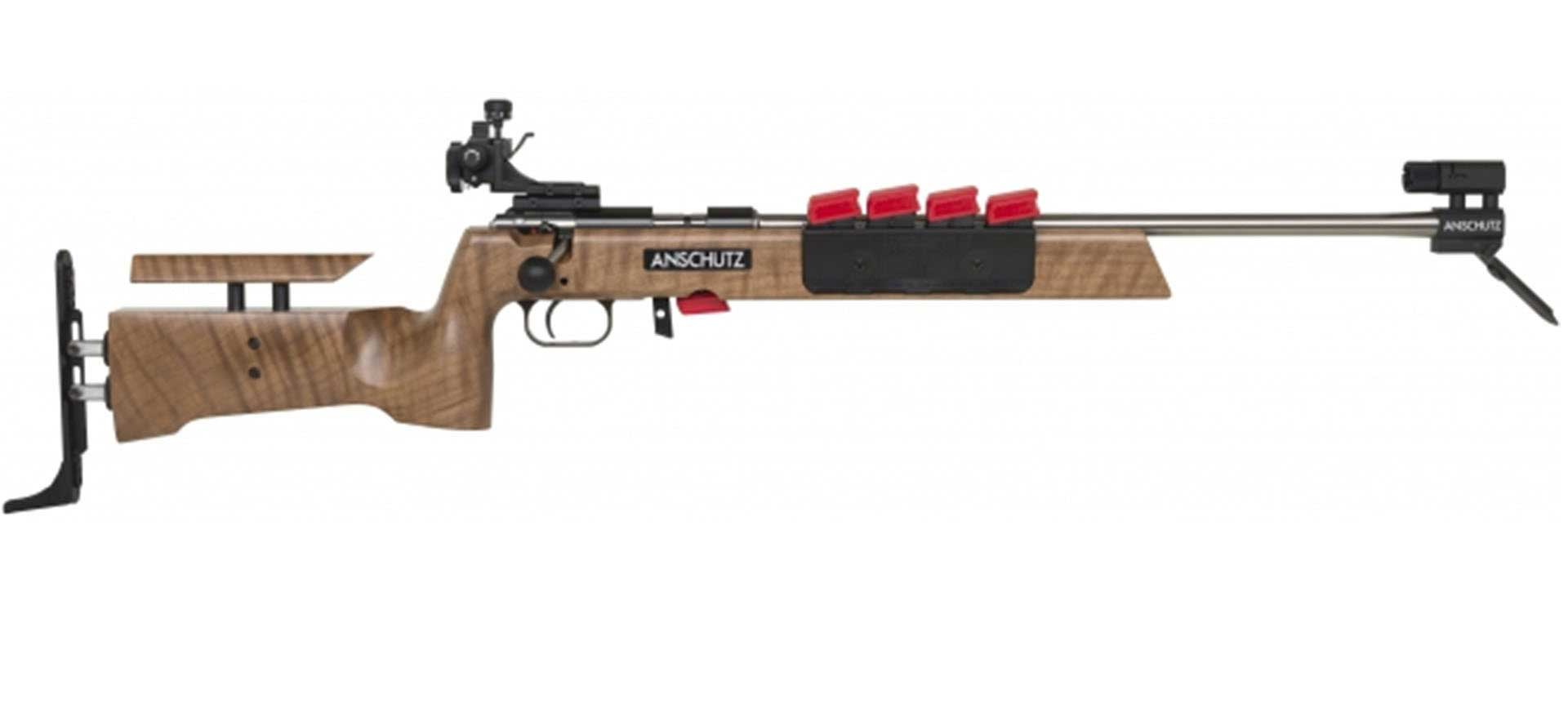 A brown and red Anshutz rimfire rifle on a white background.