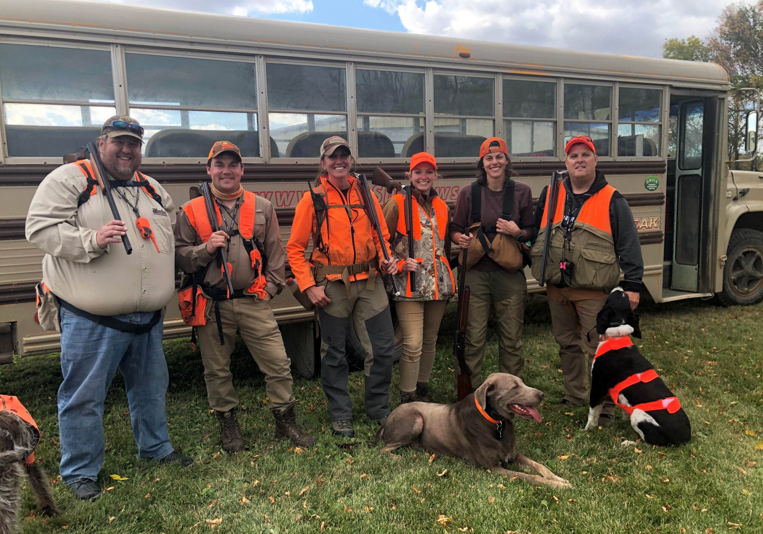 A group of hunters in orange in front of a school bus with several bird dogs.