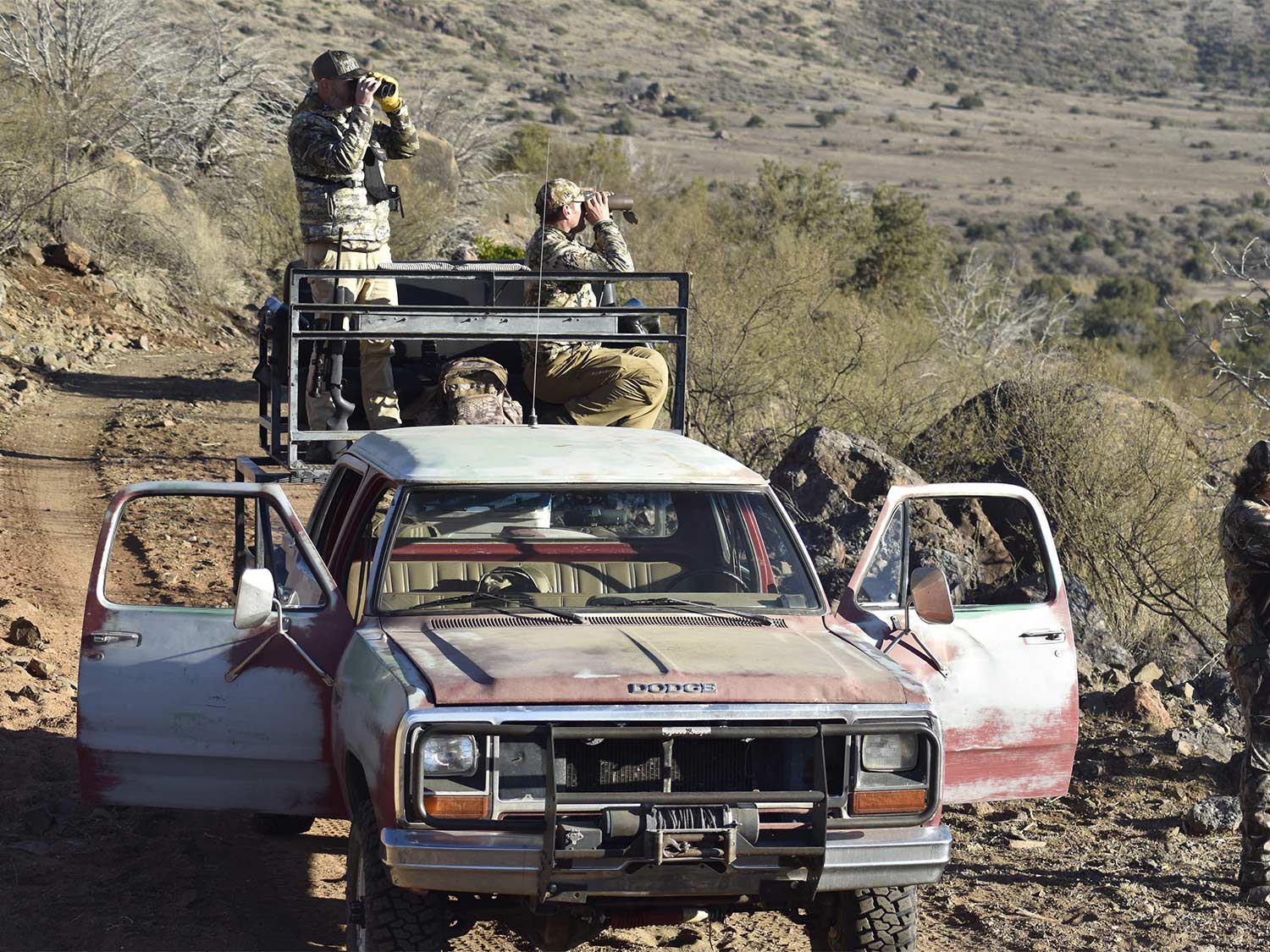 A group of hunters scout from the bed of a truck using binoculars.