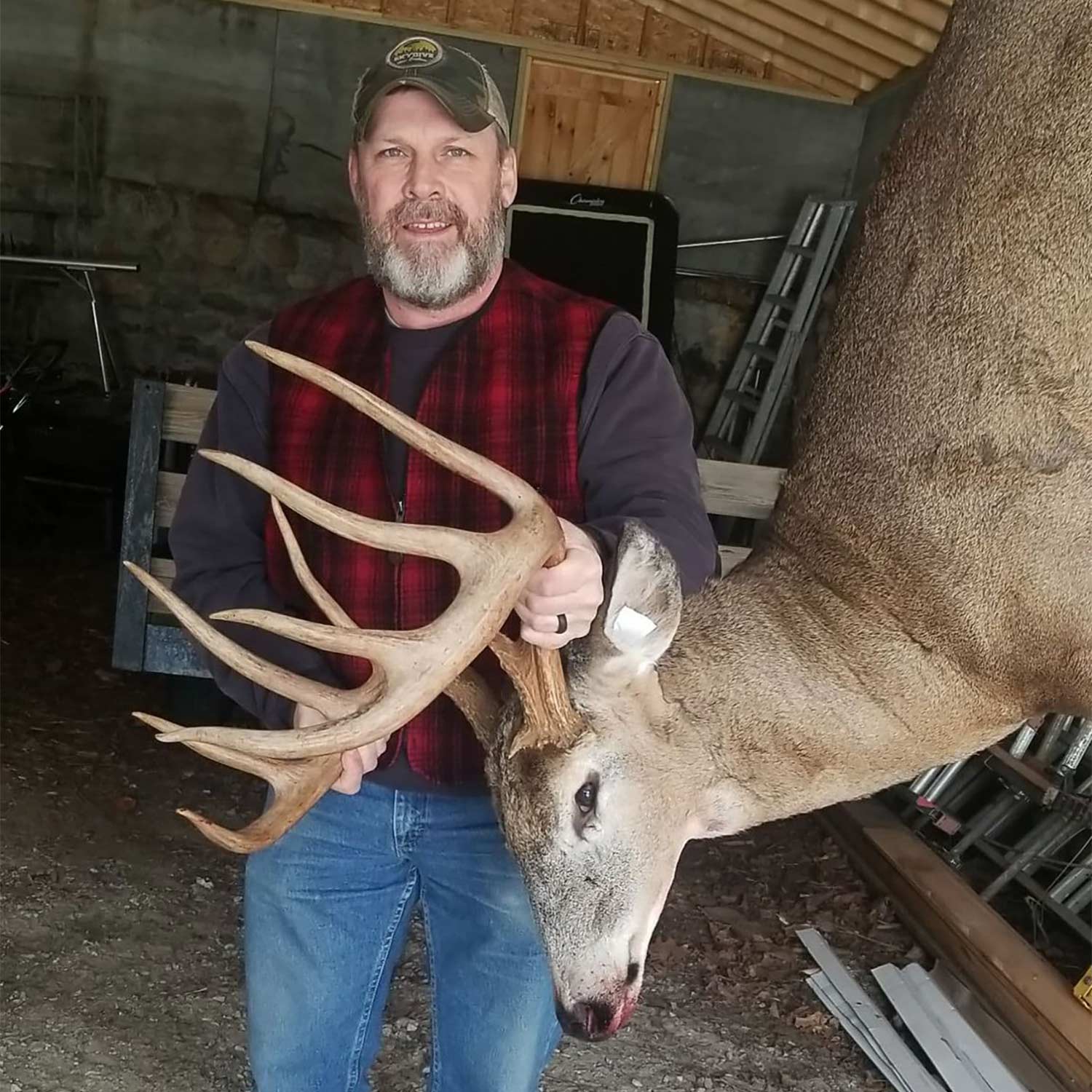 A man holds up a large buck's head by its antlers.