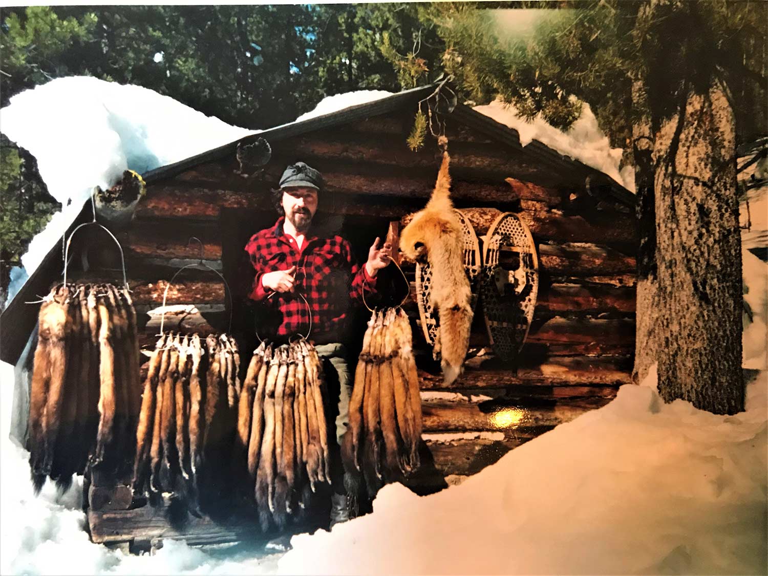 A hunter next to a cabin covered with marten furs.