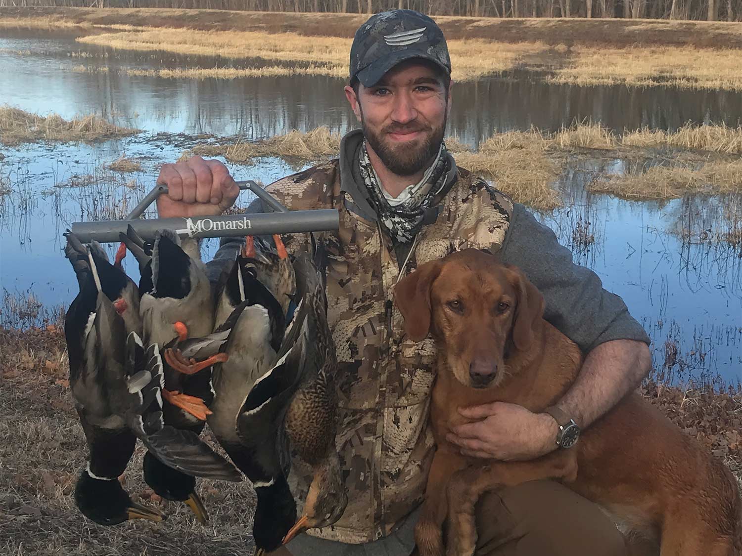 A hunter showing off their ducks and holding their hunting dog.