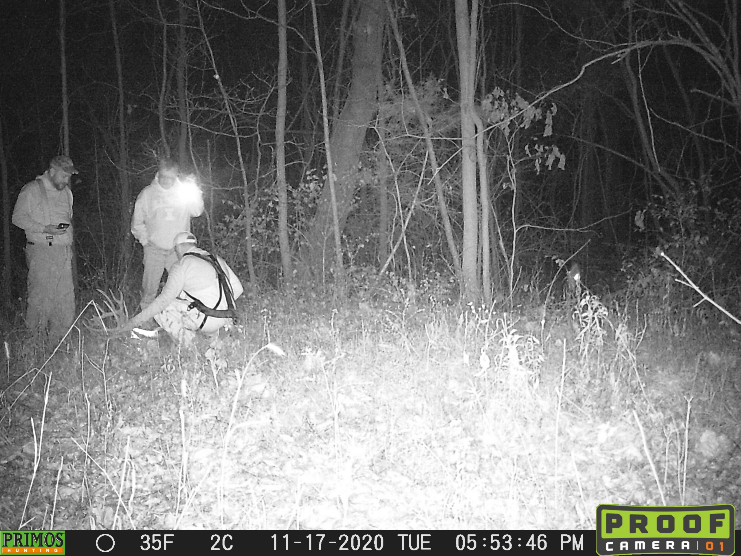 Three guys gathered around a big whitetail buck, on a black and white trail cam photo.