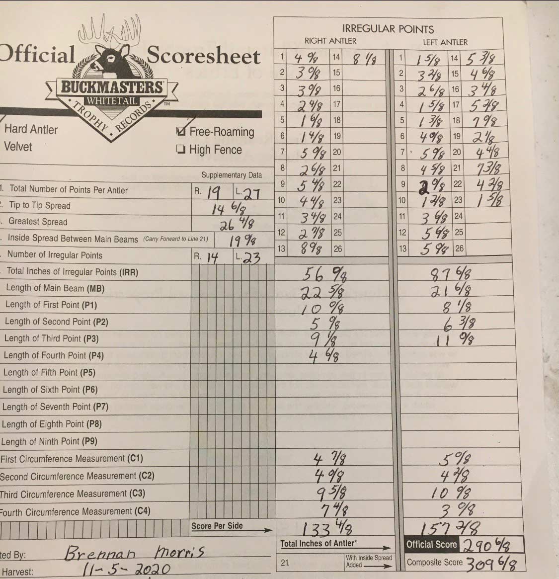 A filled out scoresheet of measurements.
