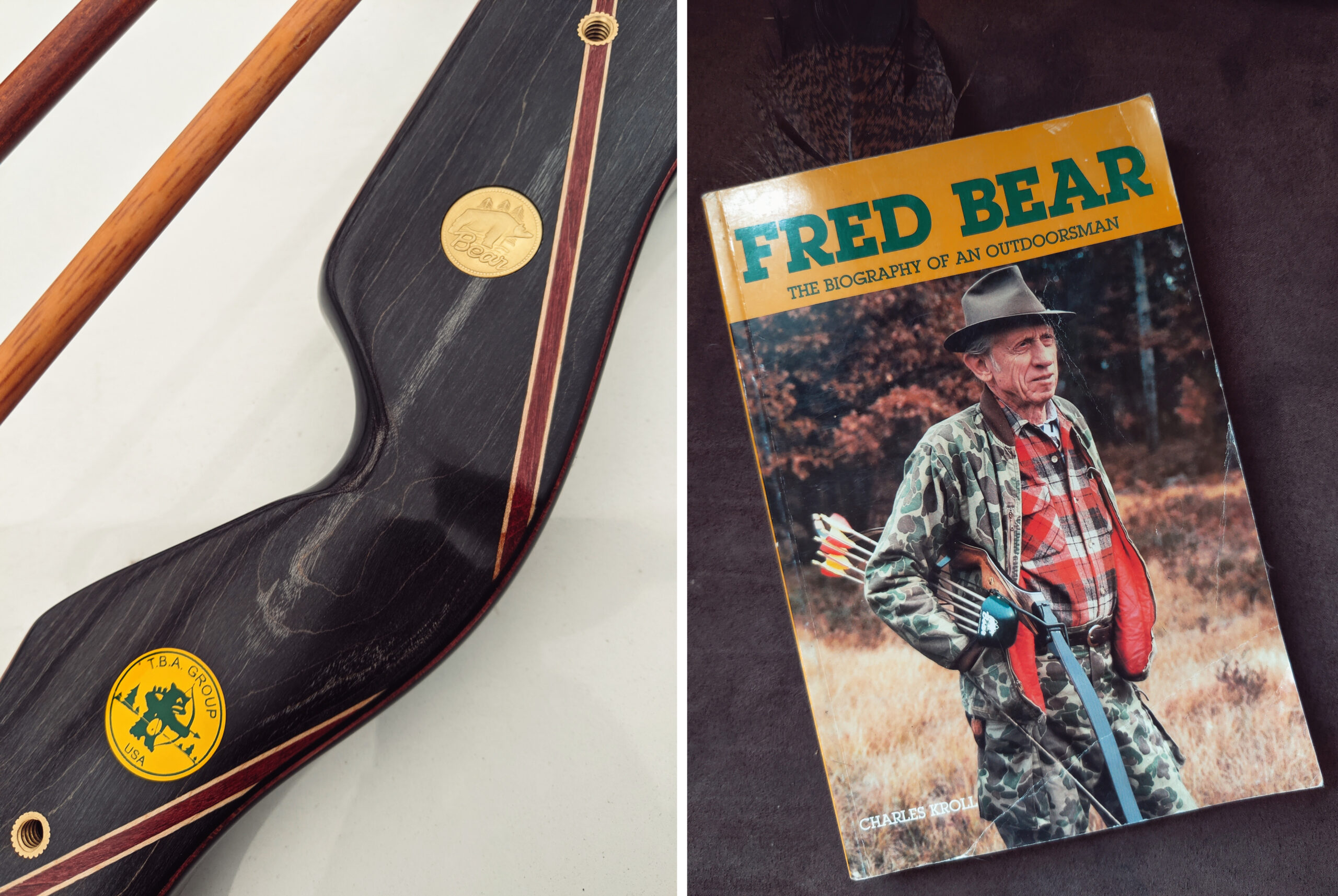 A photograph of a black maple riser on a recurve bow beside an old paperback copy of a Fred Bear biography.