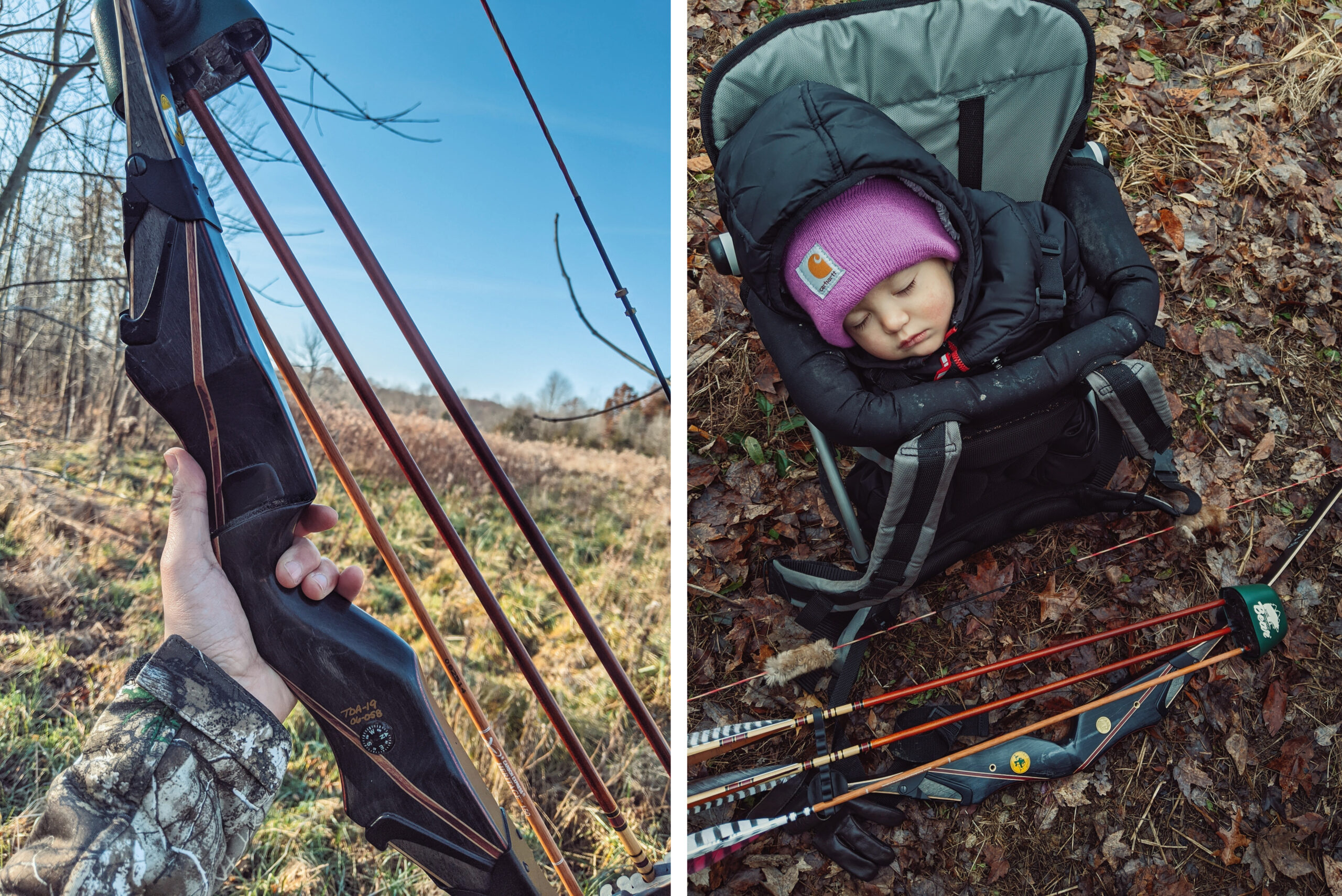 A hand holds up the dark wooden riser of a recurve bow beside a sleeping toddler in a backpack carrier set in the leaves.
