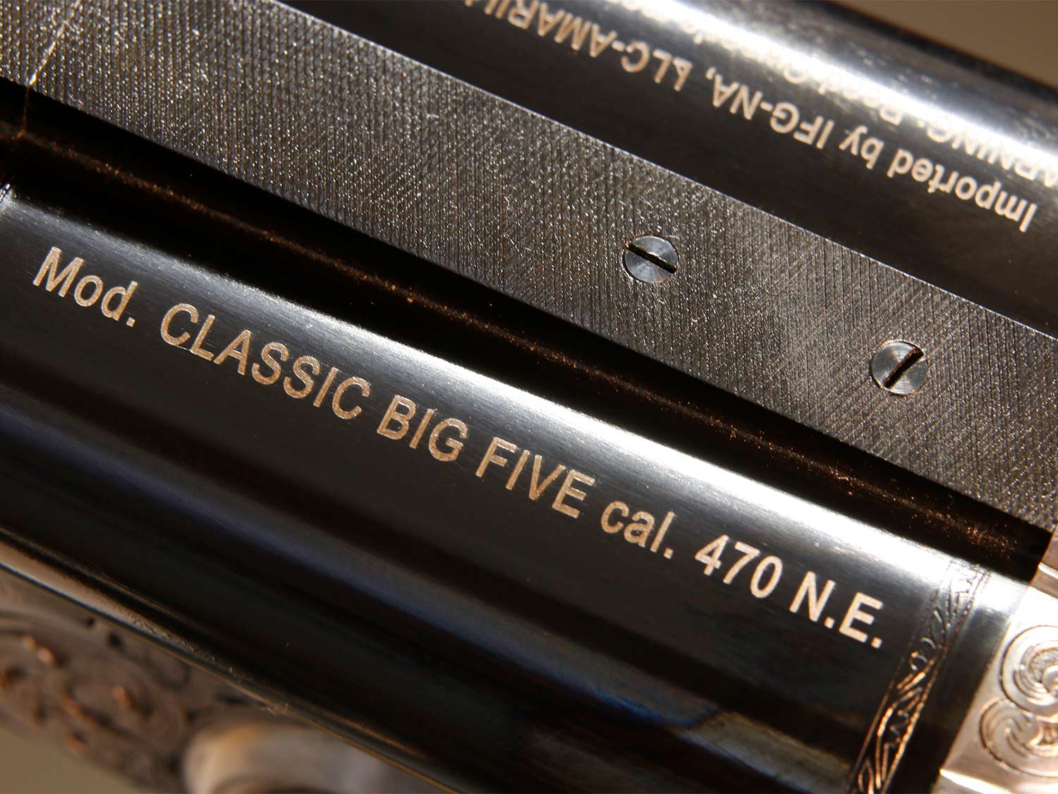 Close up of a double rifle barrel.