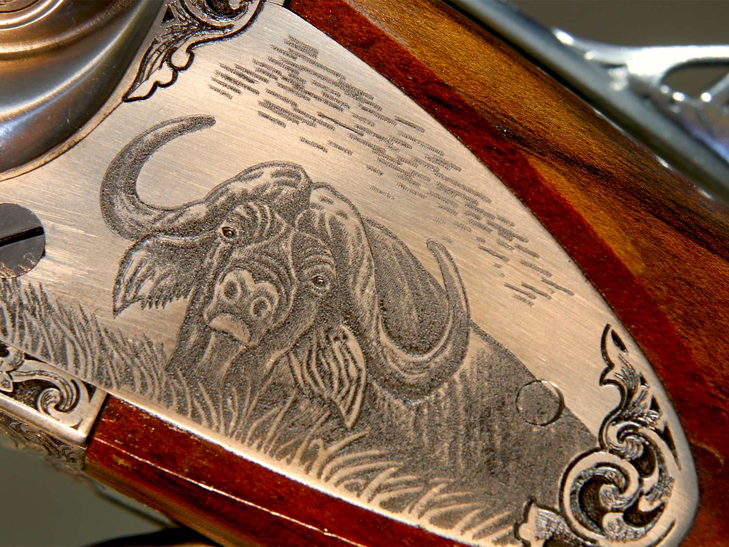 Close up of a rifle stock custom engraved with a cape buffalo metal plate.