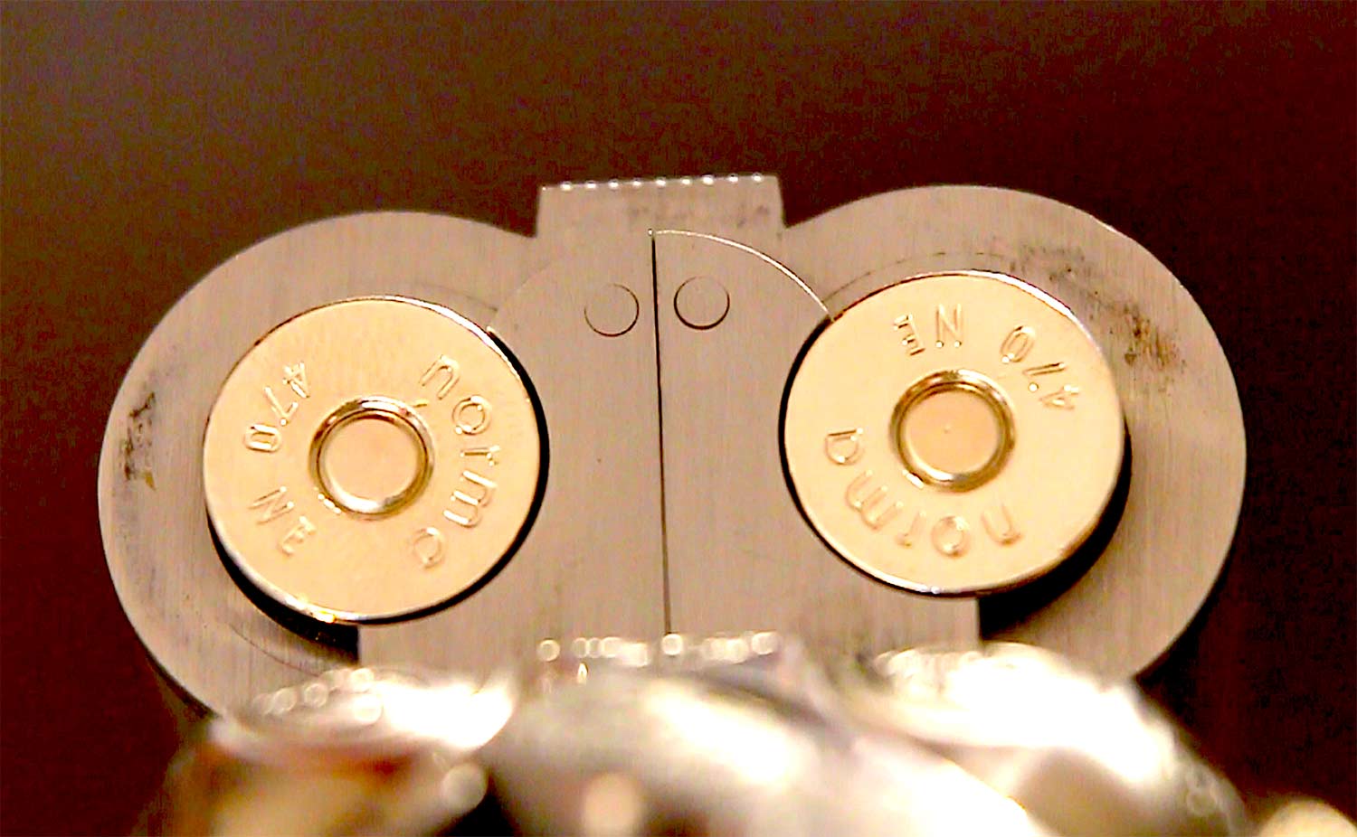 A loaded double rifle barrel.