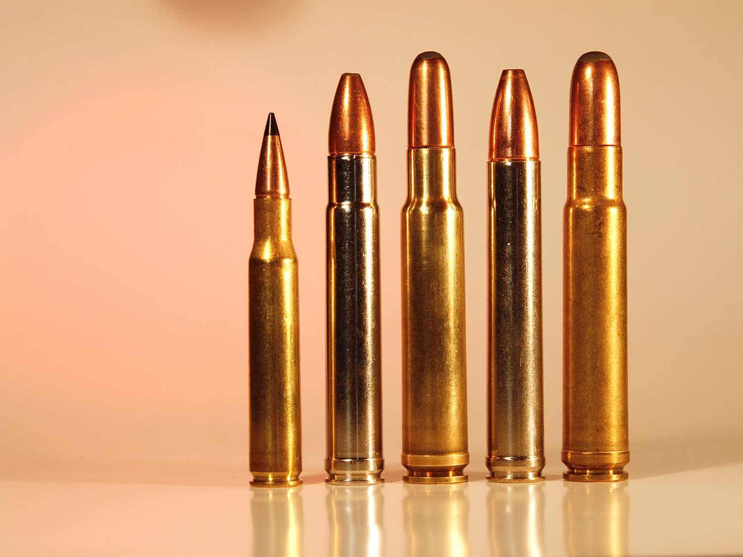 A lineup of hunting rifle cartridges standing on a table.