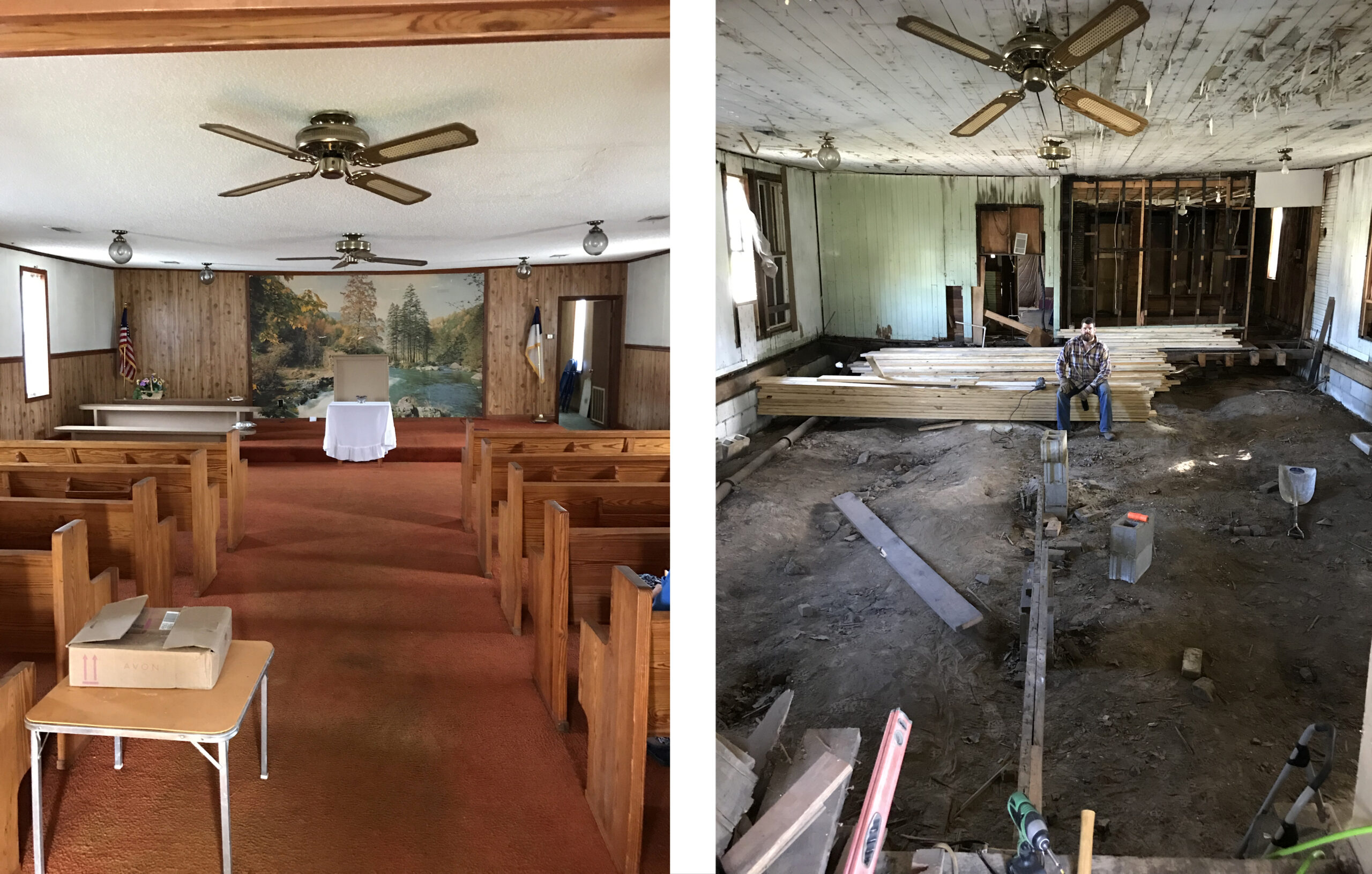 A before and in progress picture of a church being renovated.