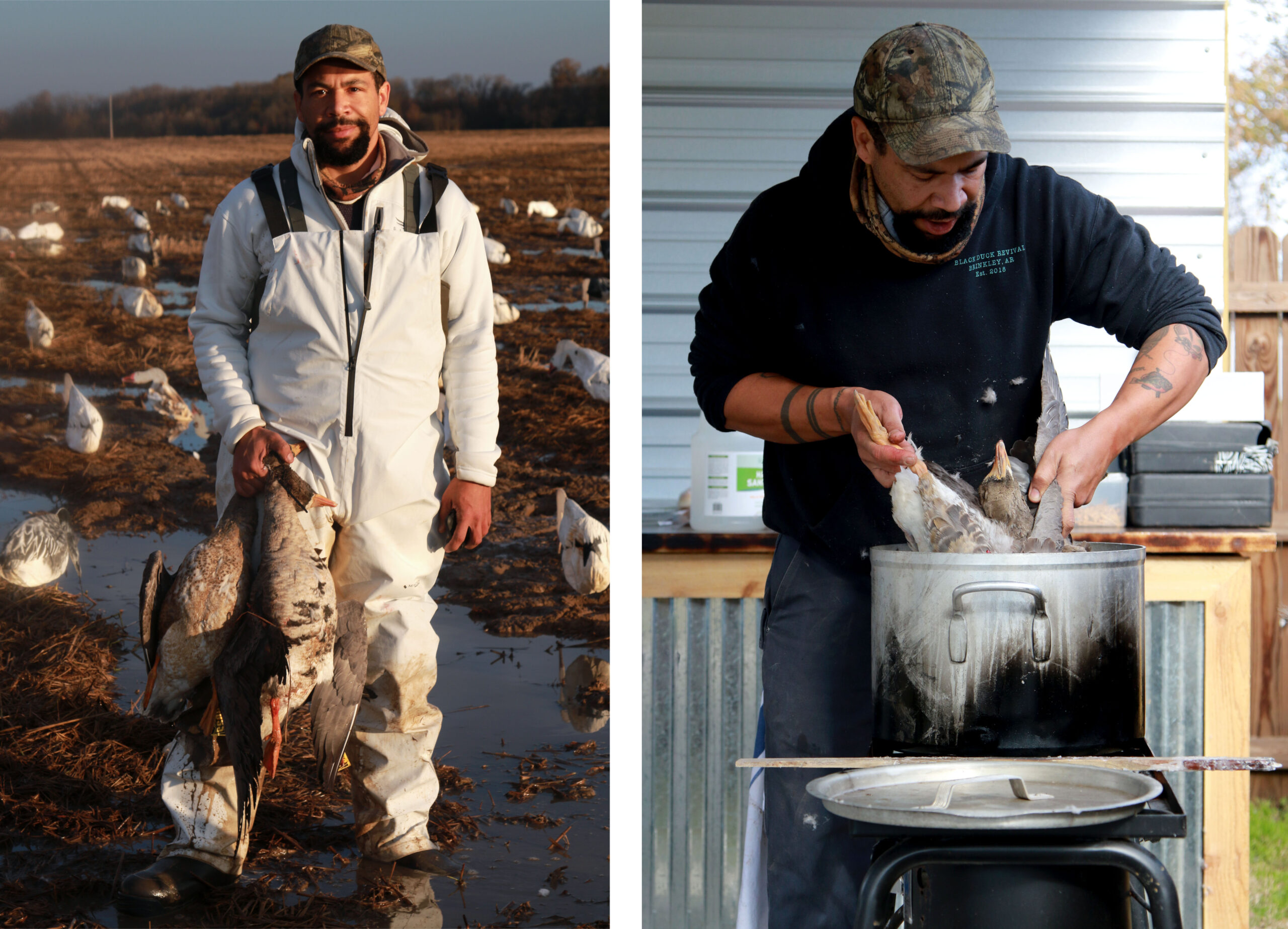A hunter in a white suit holds a pair of specklebelly geese, then prepares to pluck it in a pot of wax.