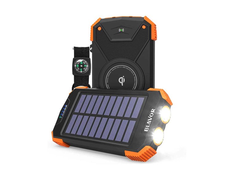 Solar Power Bank, Qi Portable Charger 10,000mAh External Battery Pack Type C Input Port Dual Flashlight, Compass, Solar Panel Charging (Orange)