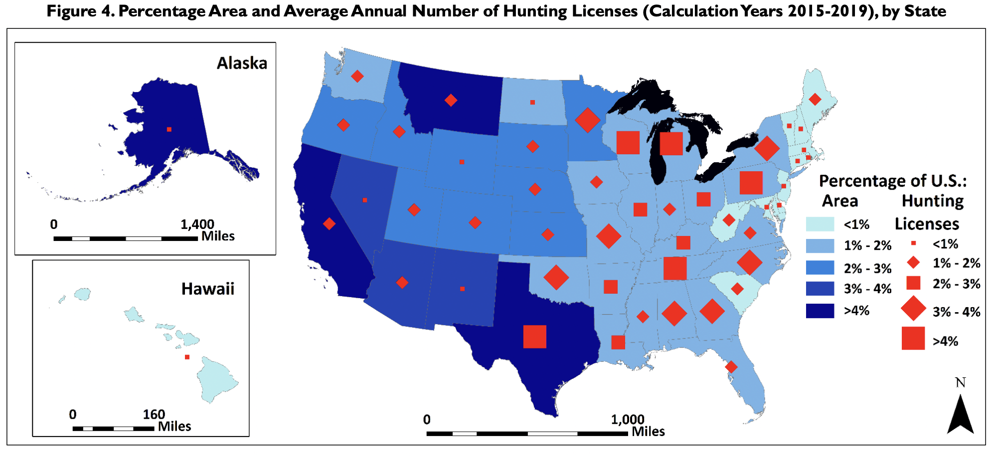 An infographic comparing geographic size with hunting license numbers, by state.