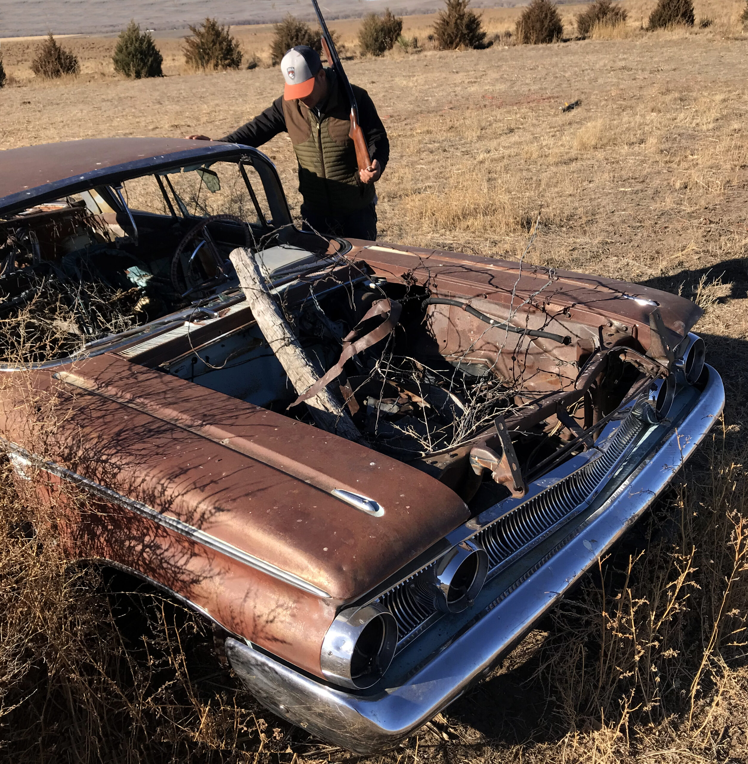 The rusted out hood of a Mercury Monterey car on a ranch in Eastern Colorado.