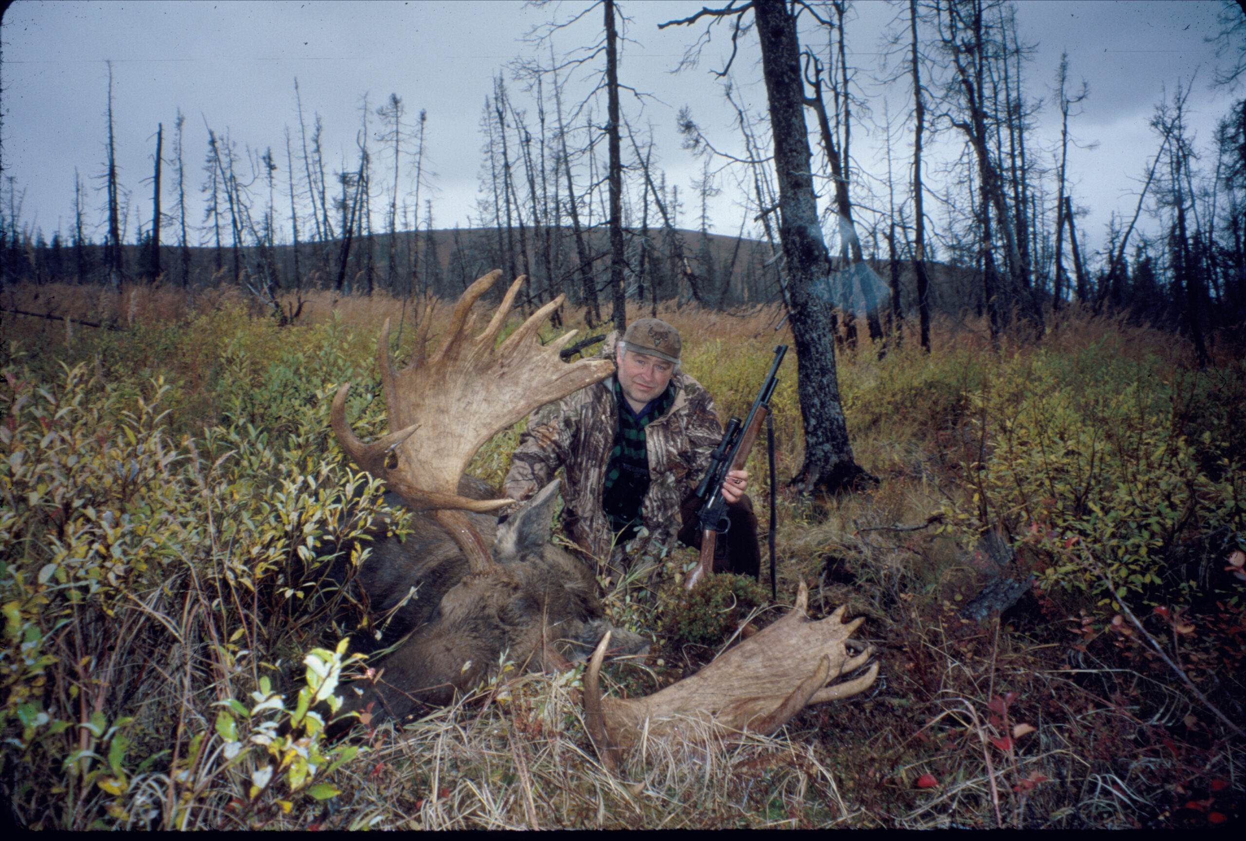 A hunter with a big bull moose taken with a Marlin 1895 rifle.