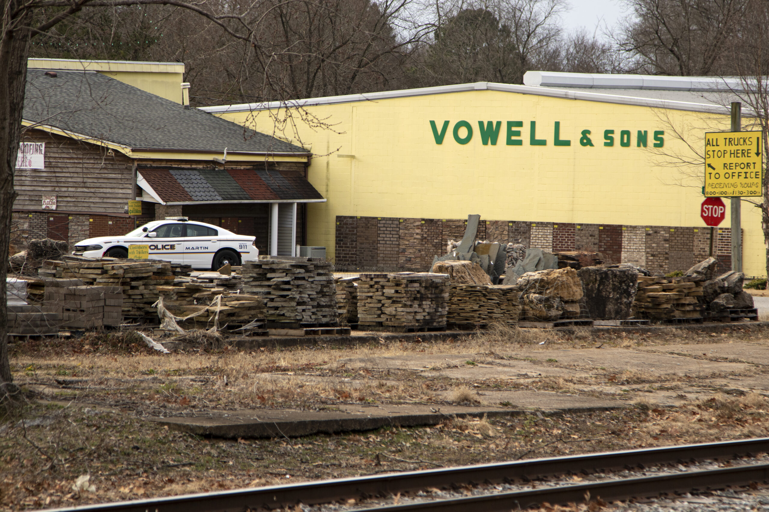 Martin police car parked outside Vowell and Sons, David Vowell's family business.