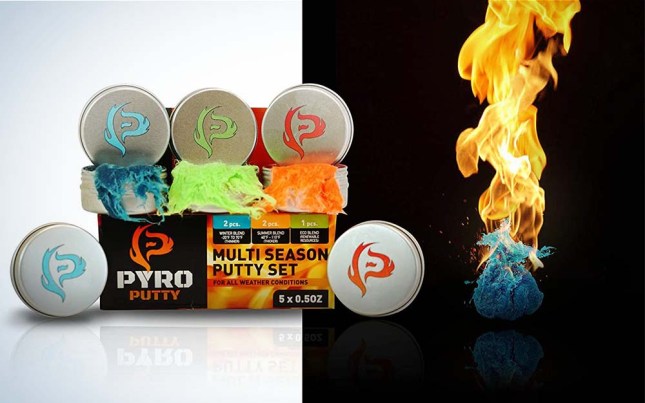 Four silver tins of Pyro Putty next to blue Pyro Putty on fire against a black backdrop