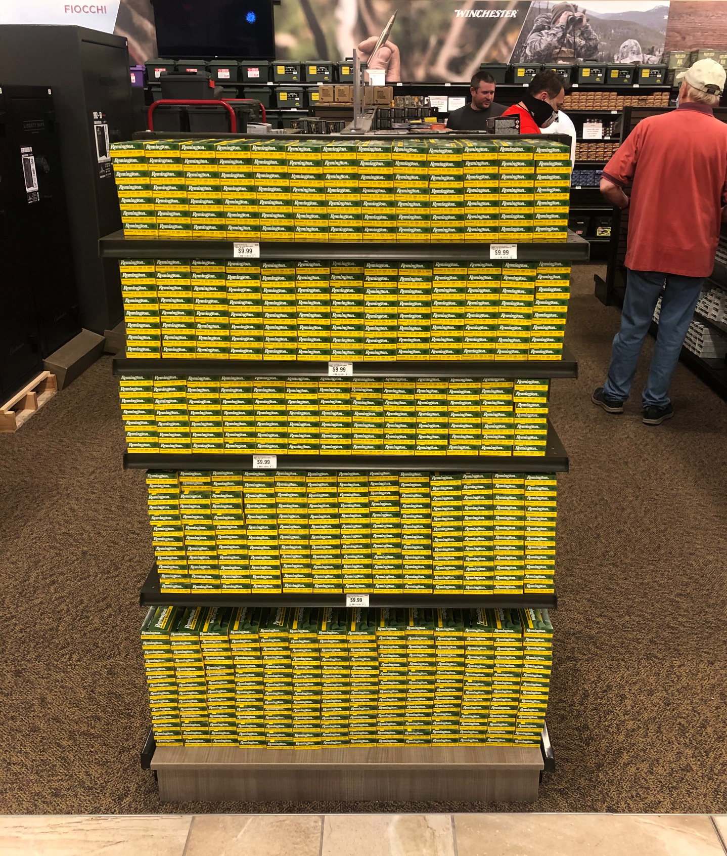 Remington ammo boxes on the shelves at a big box store in Texas.